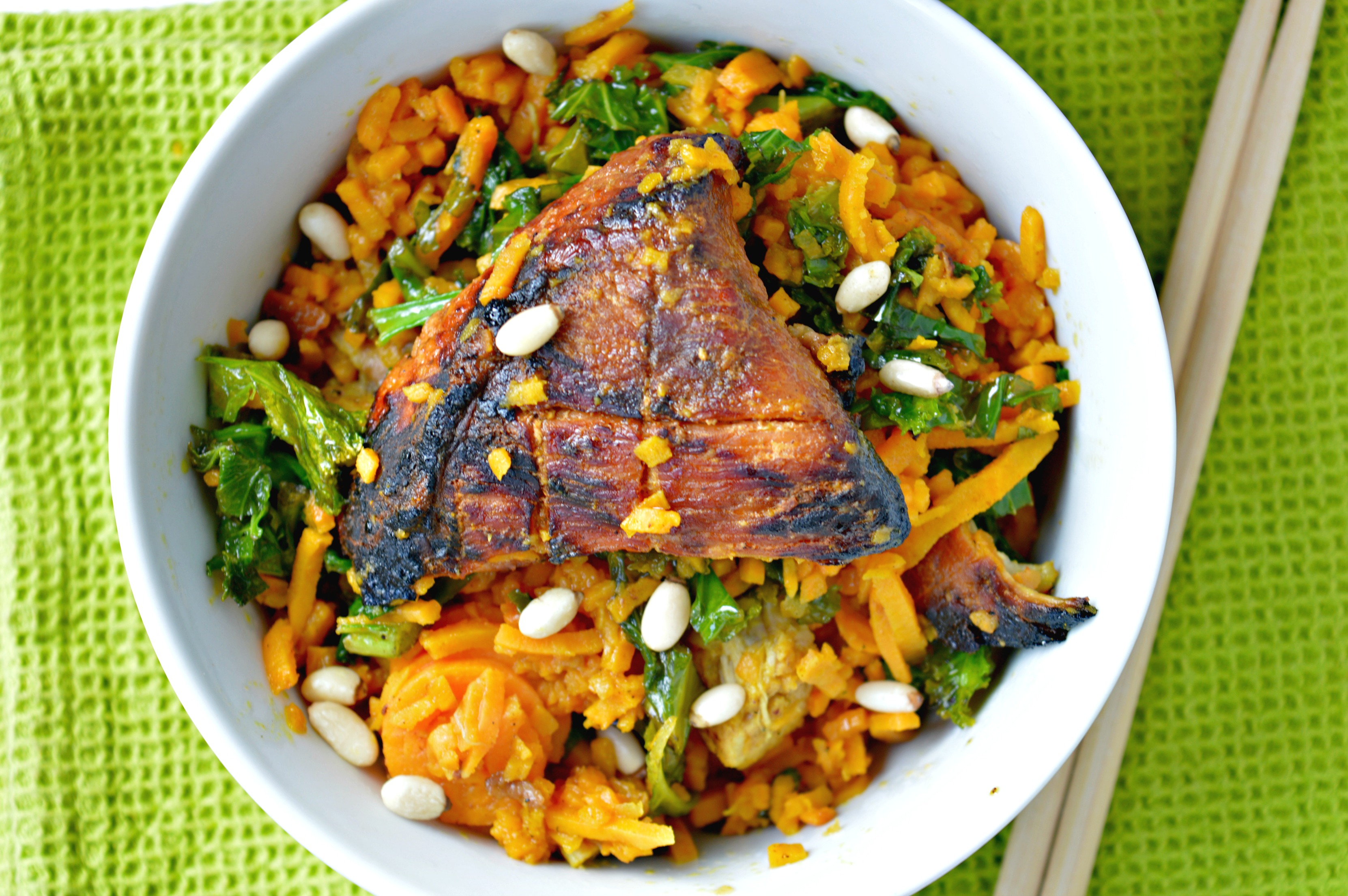Sweet Potato Noodles with Kale & Pork