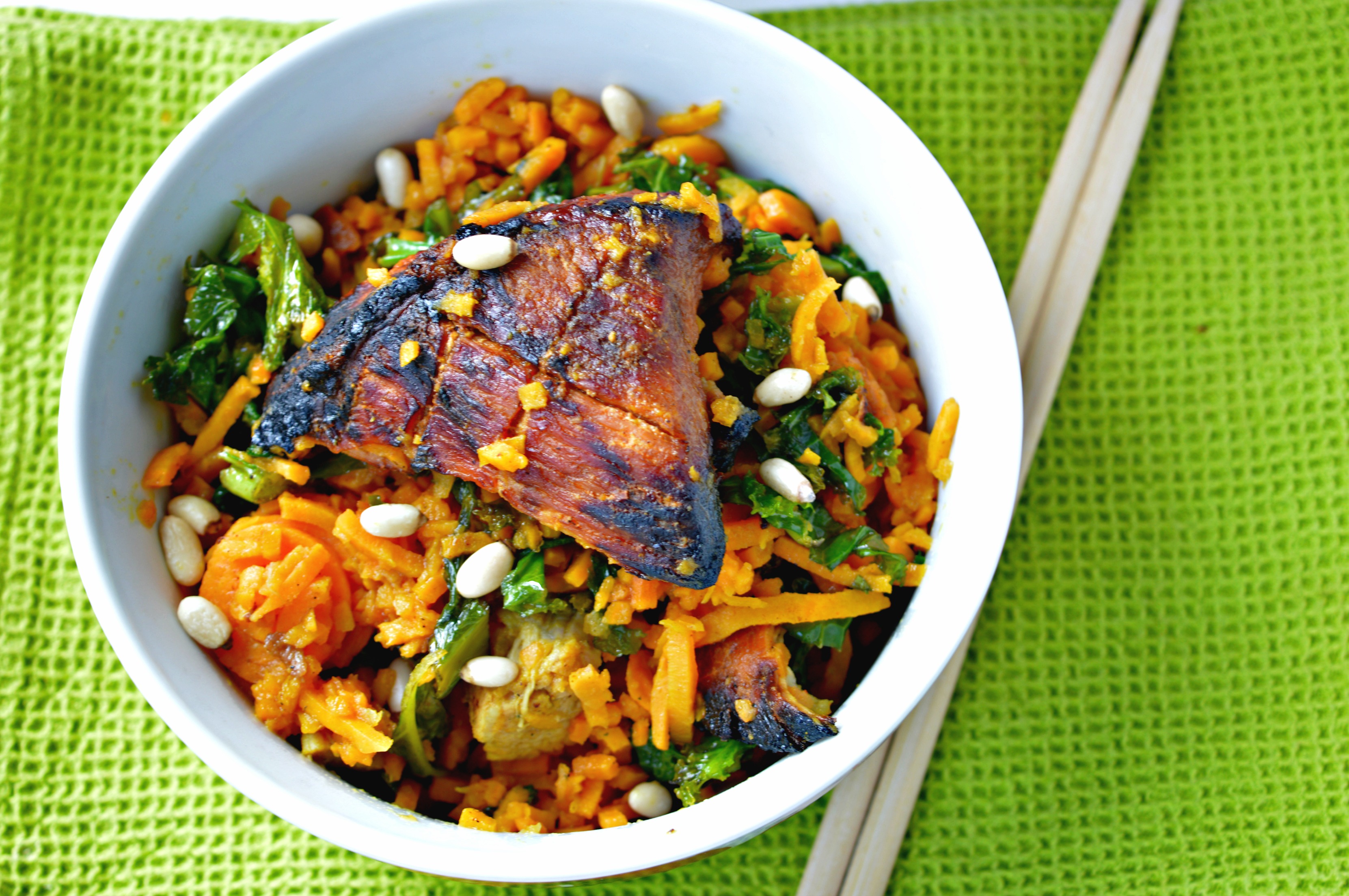 Sweet Potato Noodles with Kale & Pork