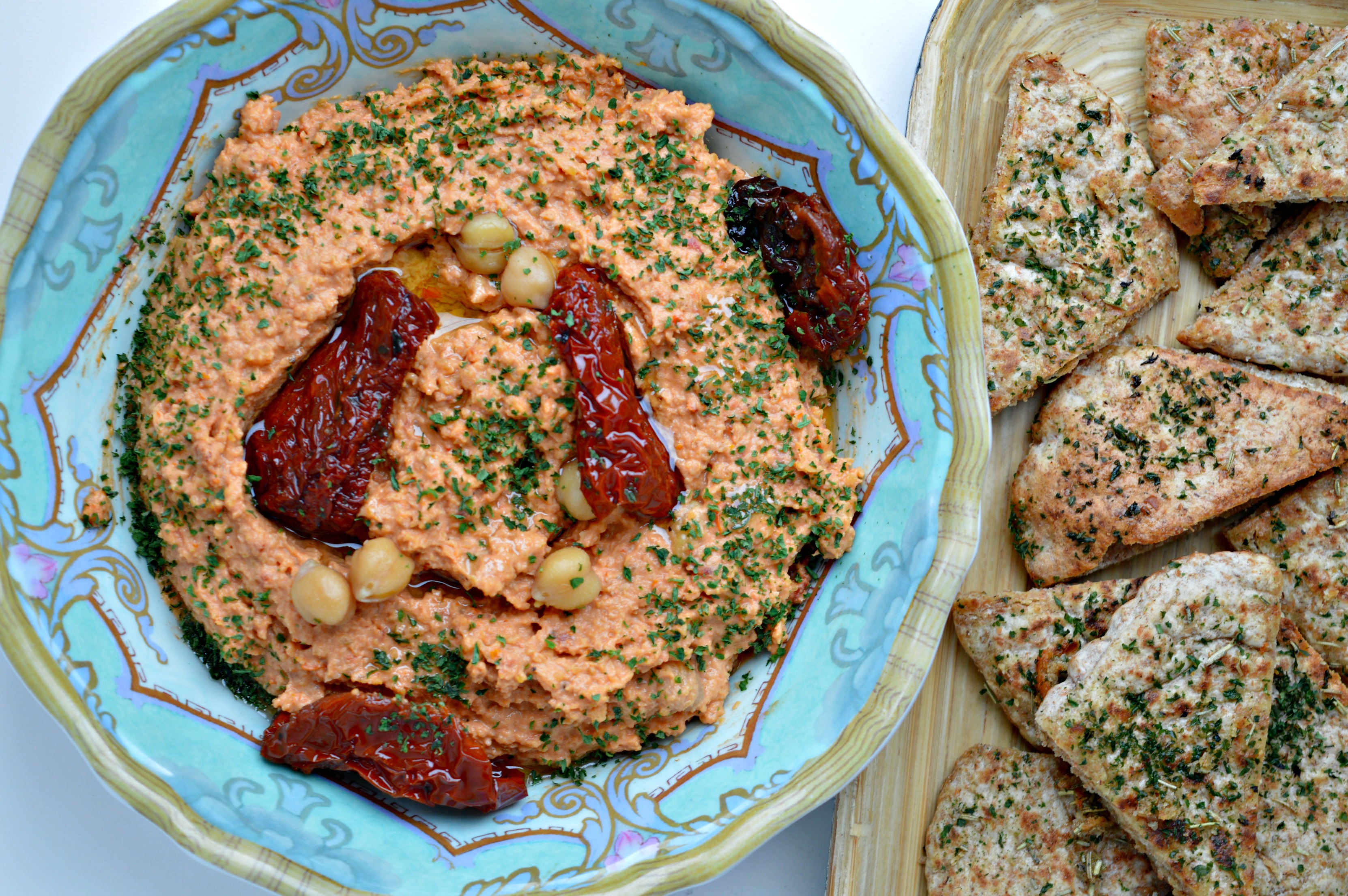 Sun-Dried Tomato Hummus with Homemade Pita Chips
