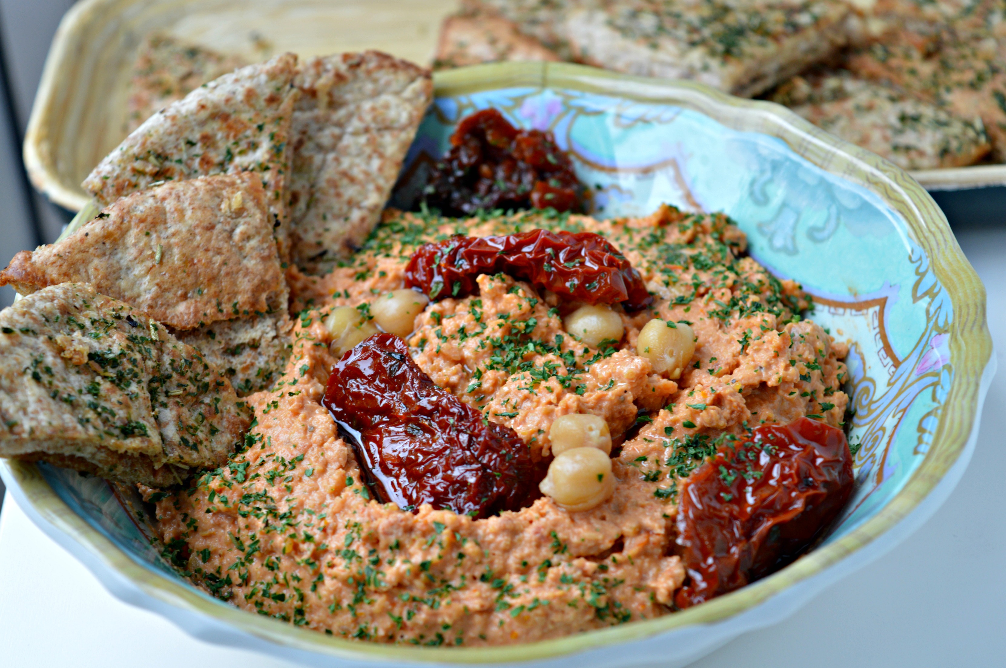 Sun-dried Tomato Hummus with Homemade Pita Chips
