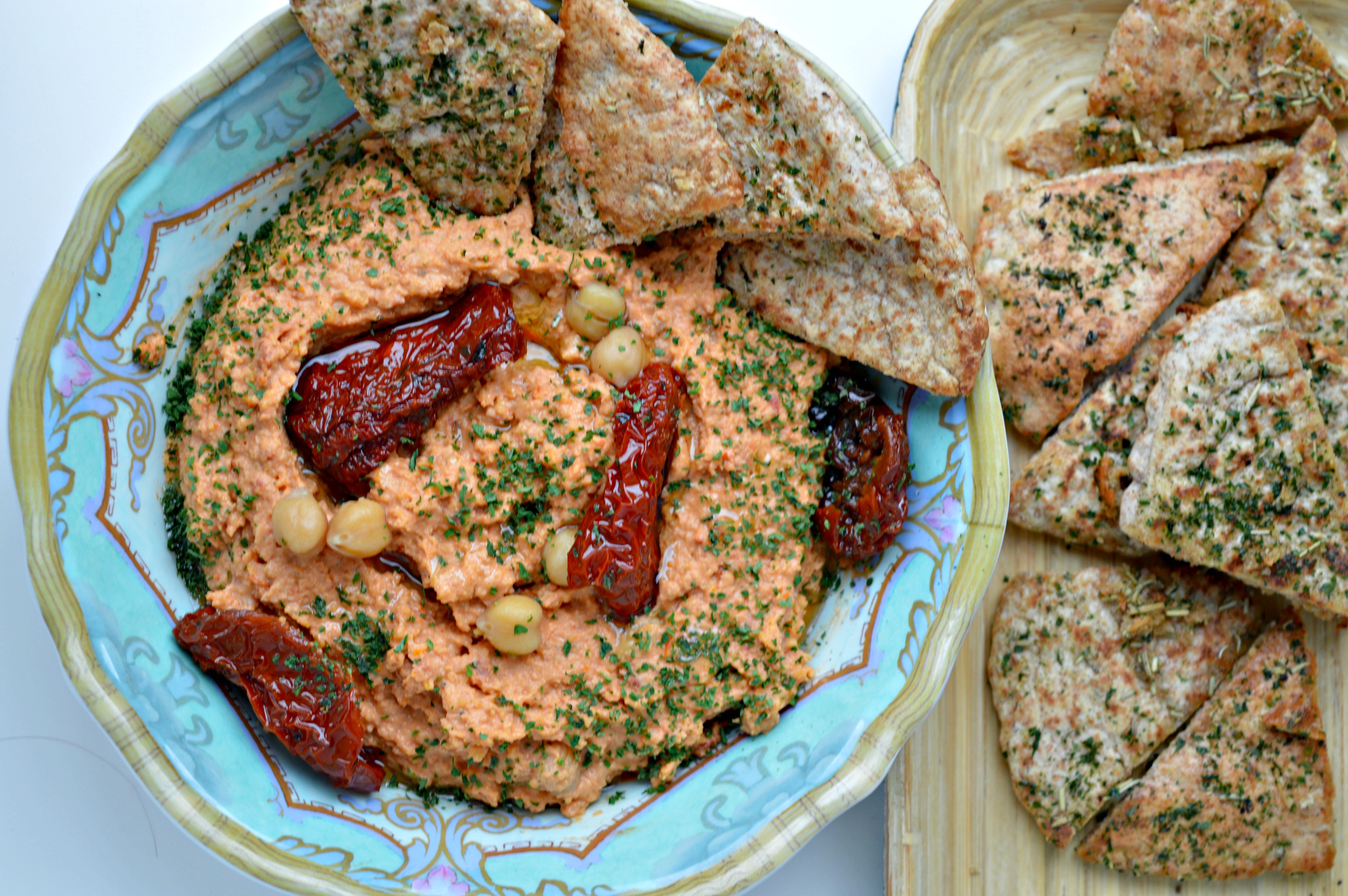 Sun-Dried Tomato Hummus with Homemade Pita Chips