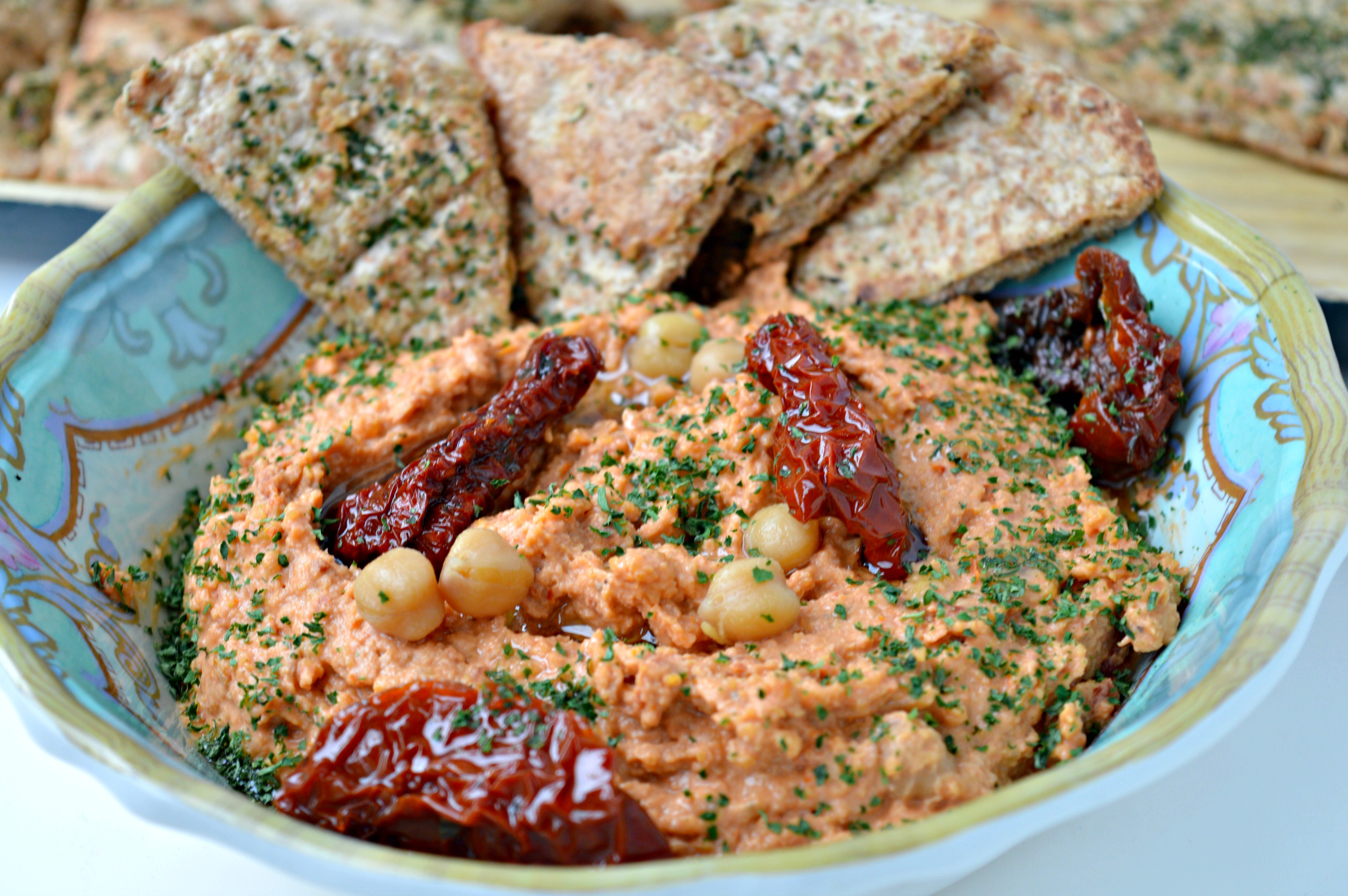 Sun-Dried Tomato Hummus with Homemade Pita Chips