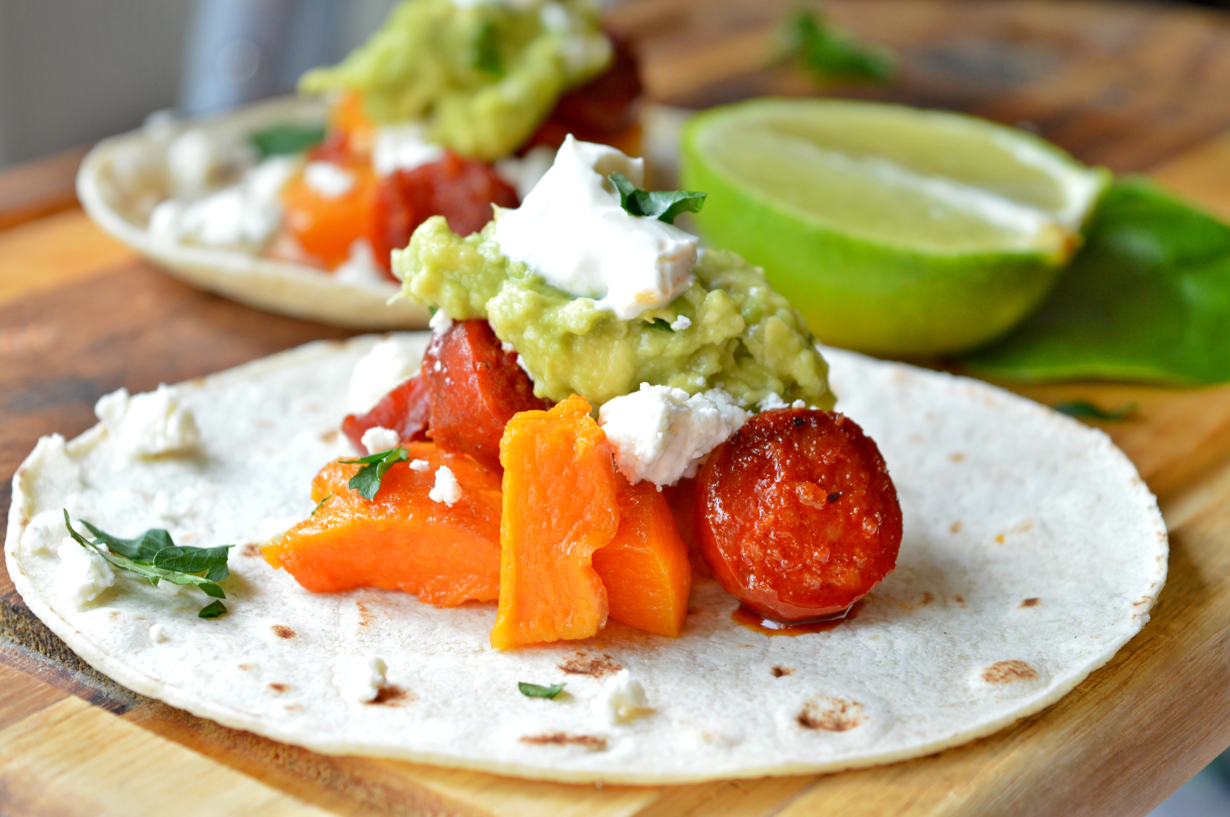 Pumpkin & Chorizo Corn Tacos
