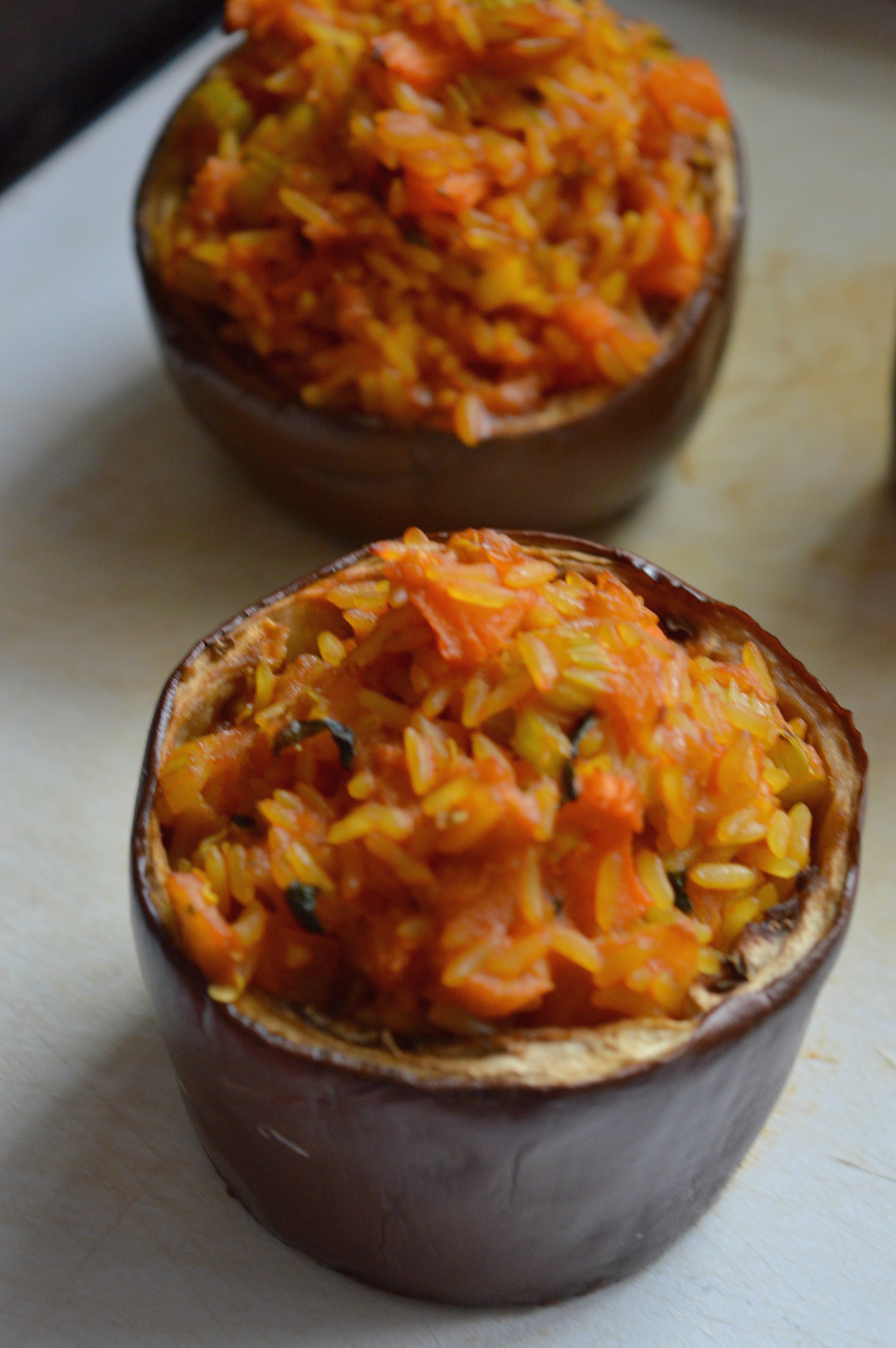 Stuffed Eggplants with Turmeric Rice