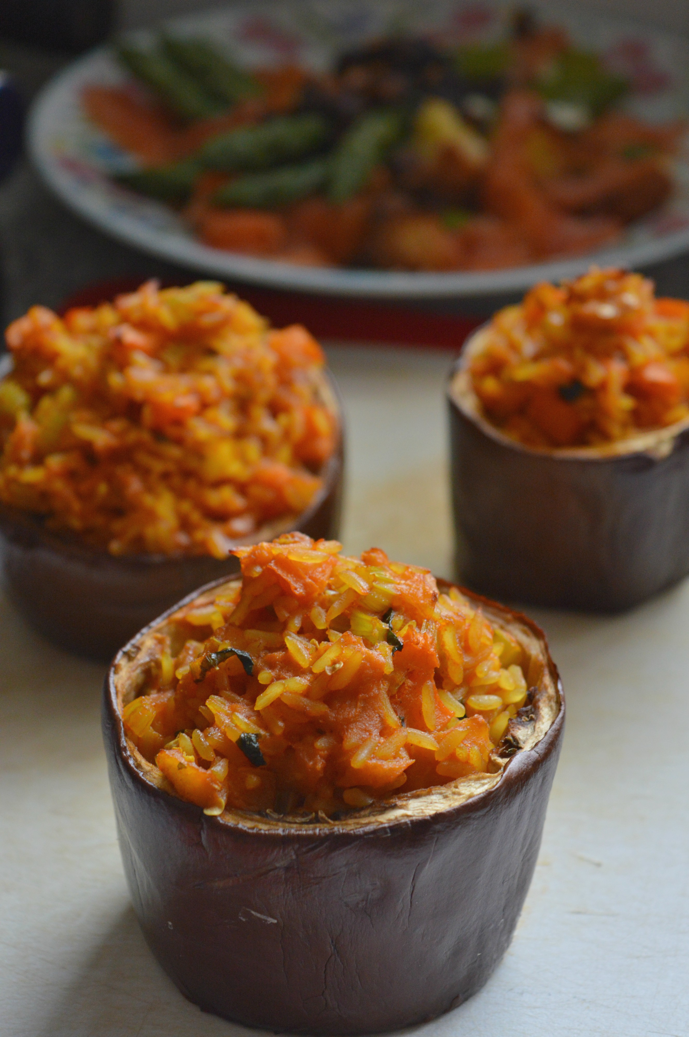 Stuffed Eggplants with Turmeric Rice
