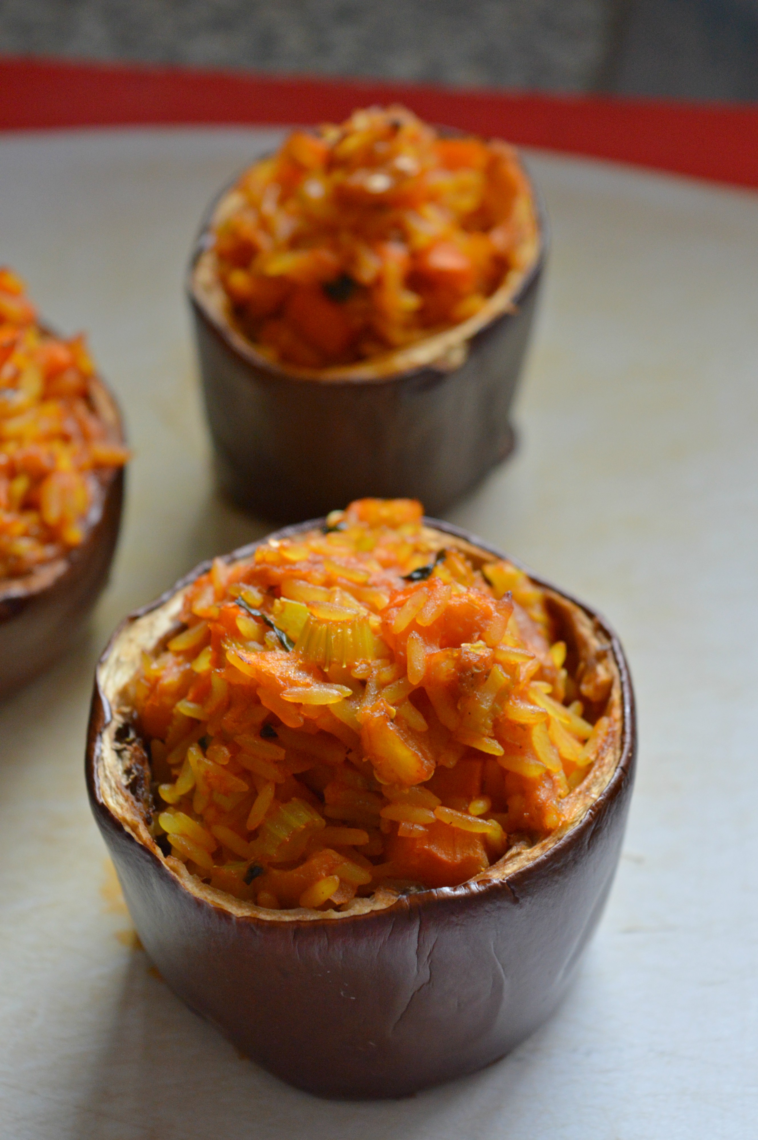 Stuffed Eggplants with Turmeric Rice