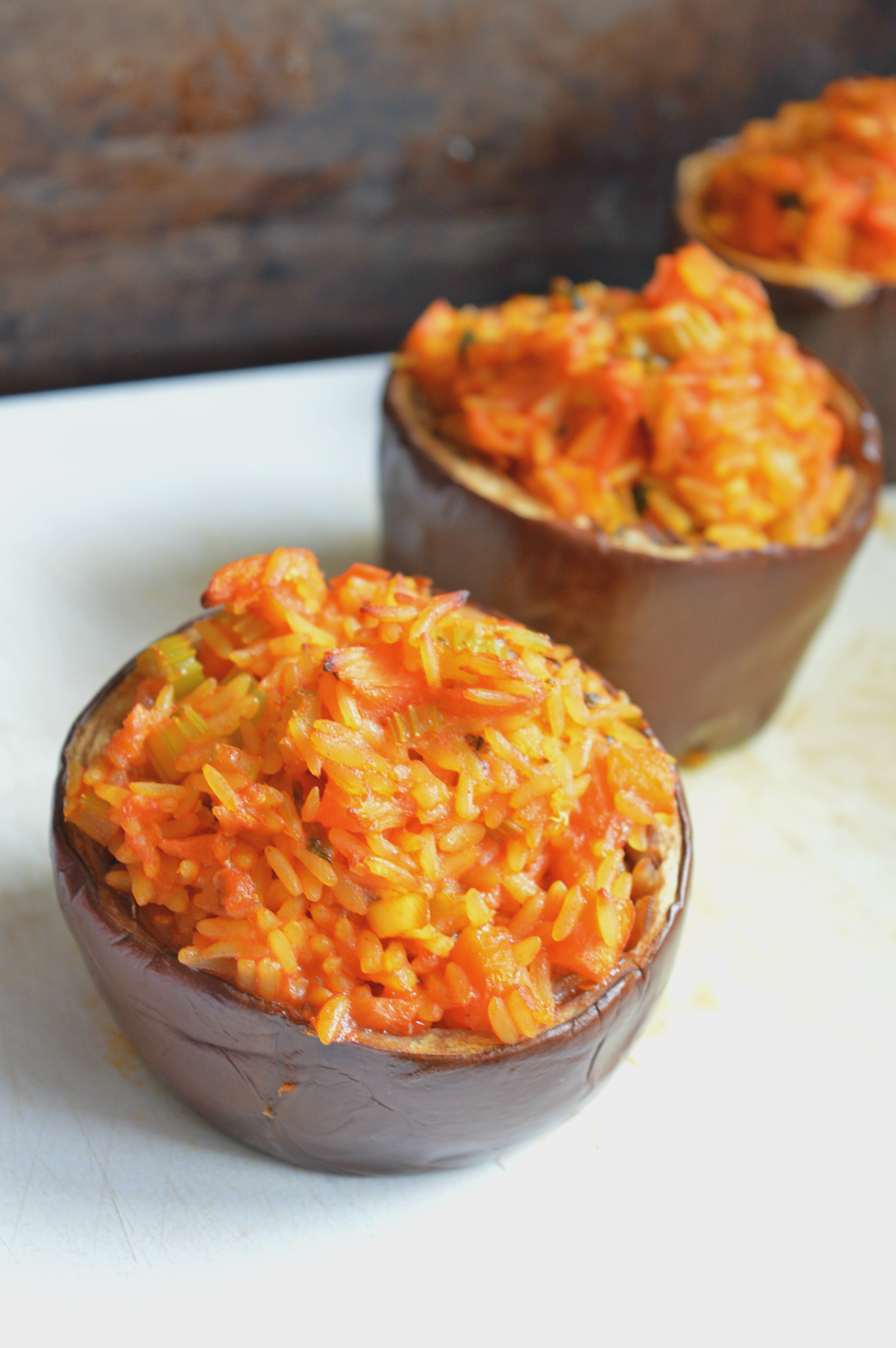 Stuffed Eggplants with Turmeric Rice
