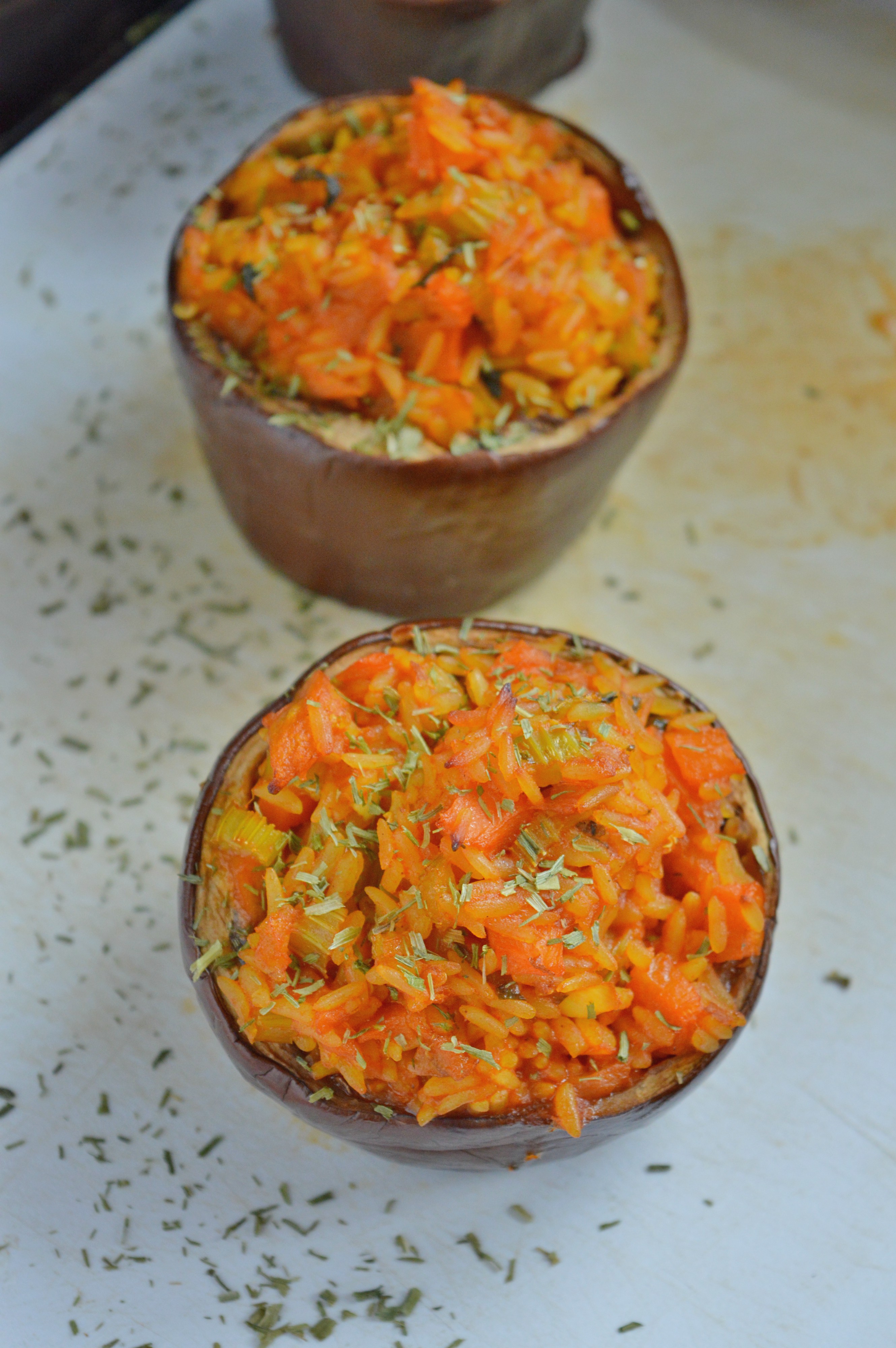 Stuffed Eggplants with Turmeric Rice