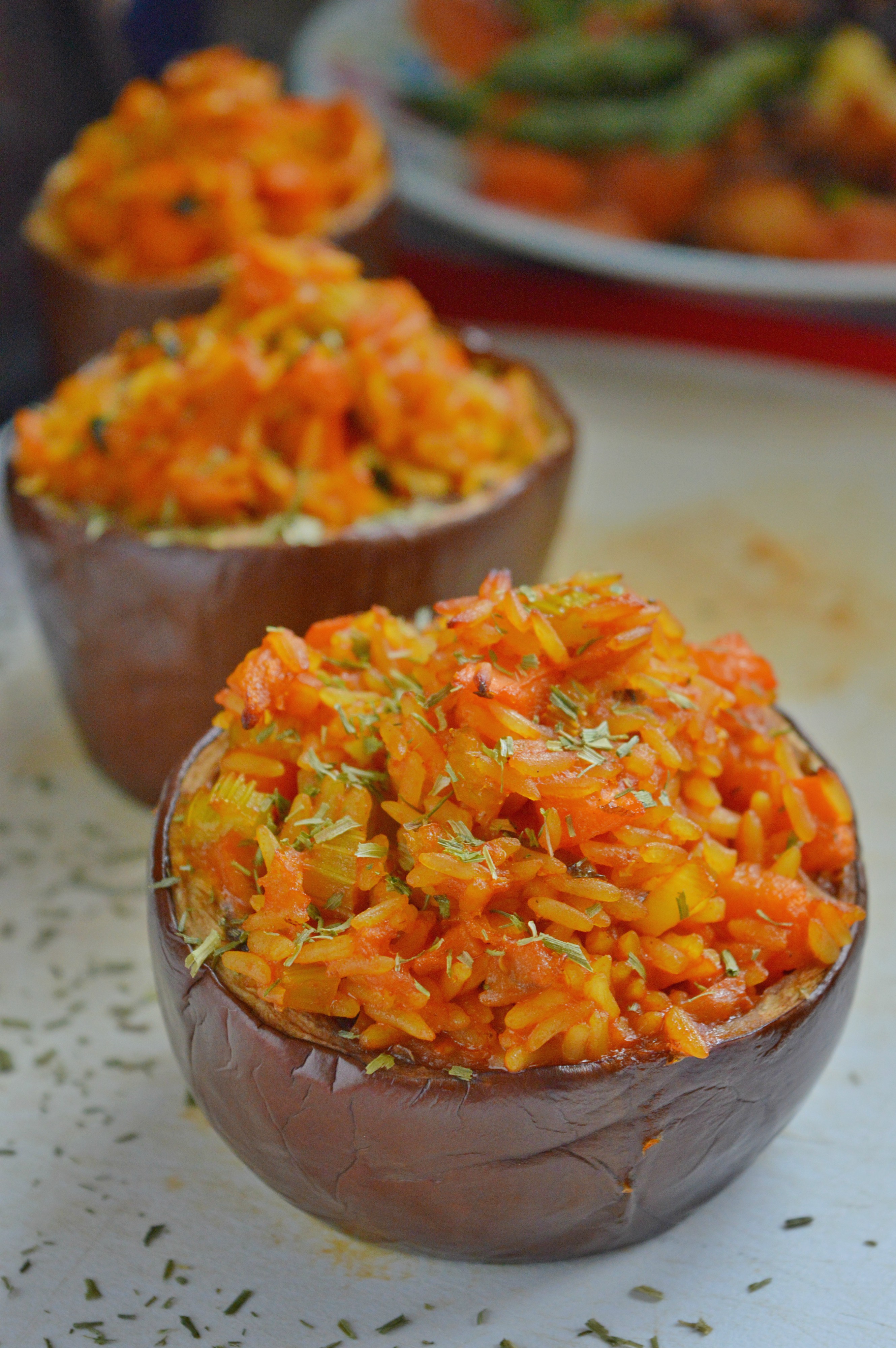 Stuffed Eggplants with Turmeric Rice