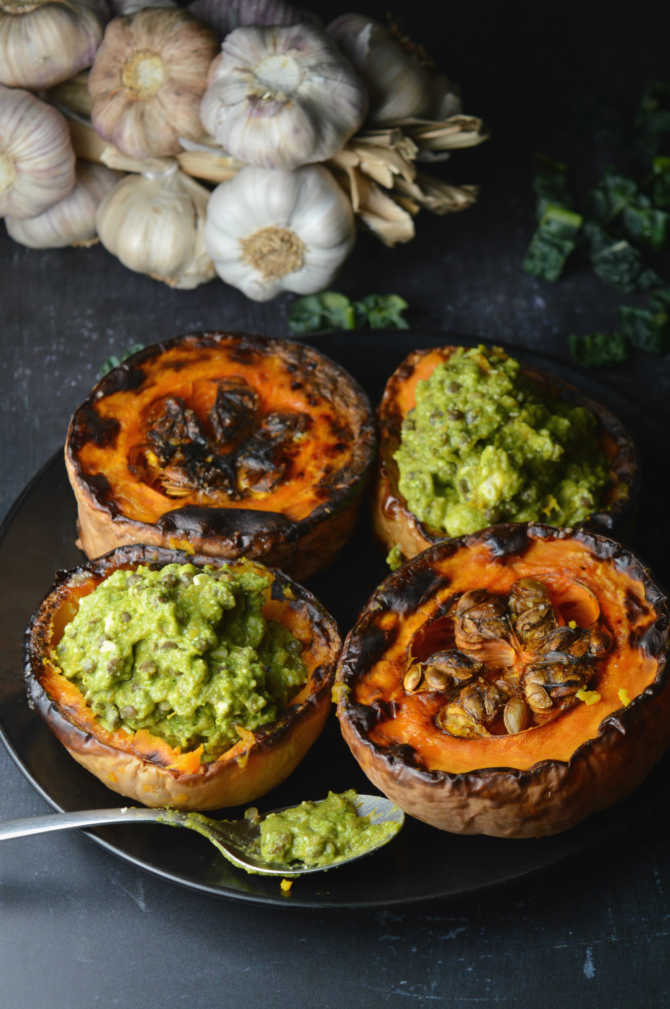 Roasted Squash with Black Lentils, Feta & Cavolo Nero Pesto