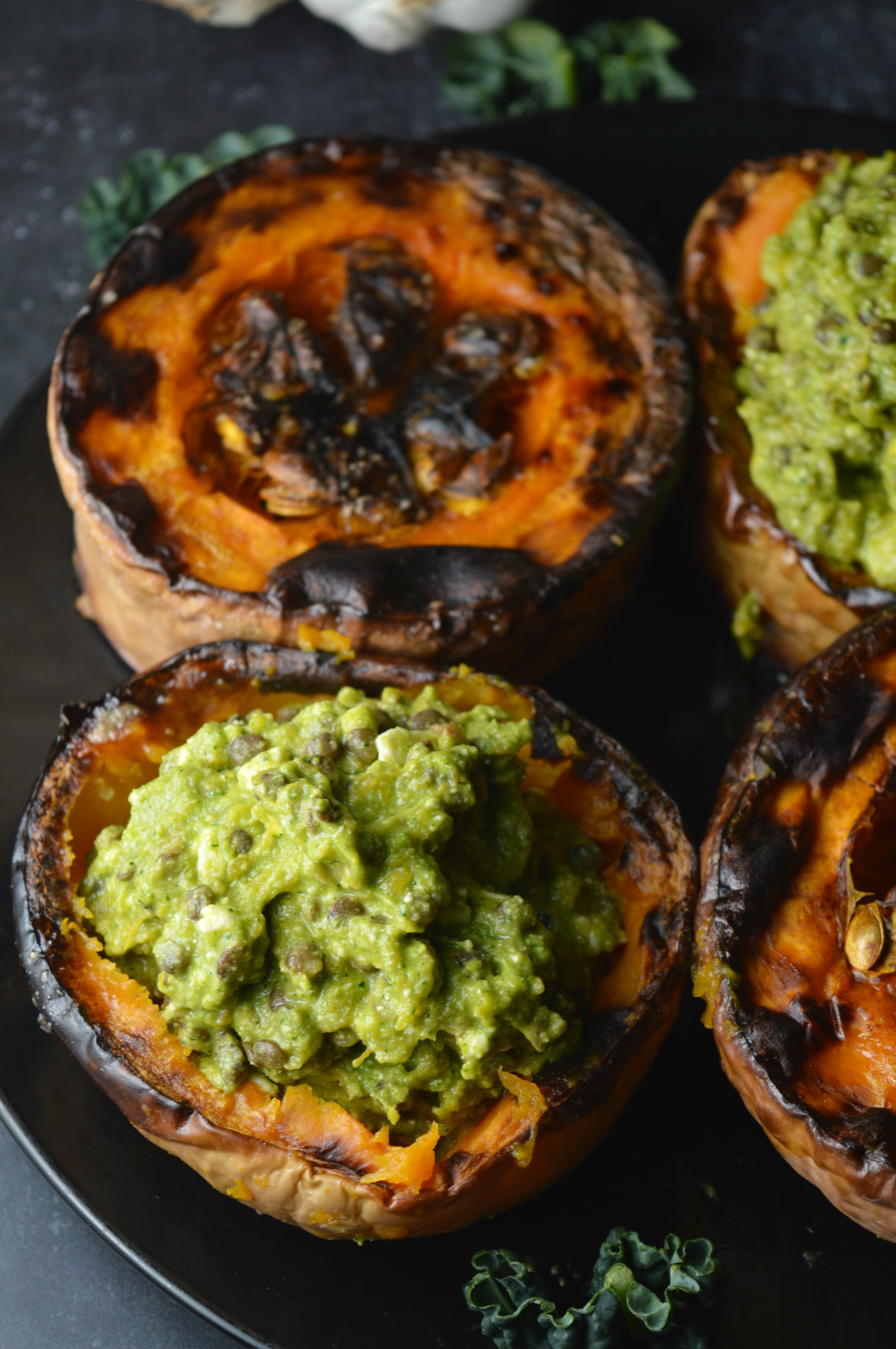 Roasted Squash with Black Lentils, Feta & Cavolo Nero Pesto