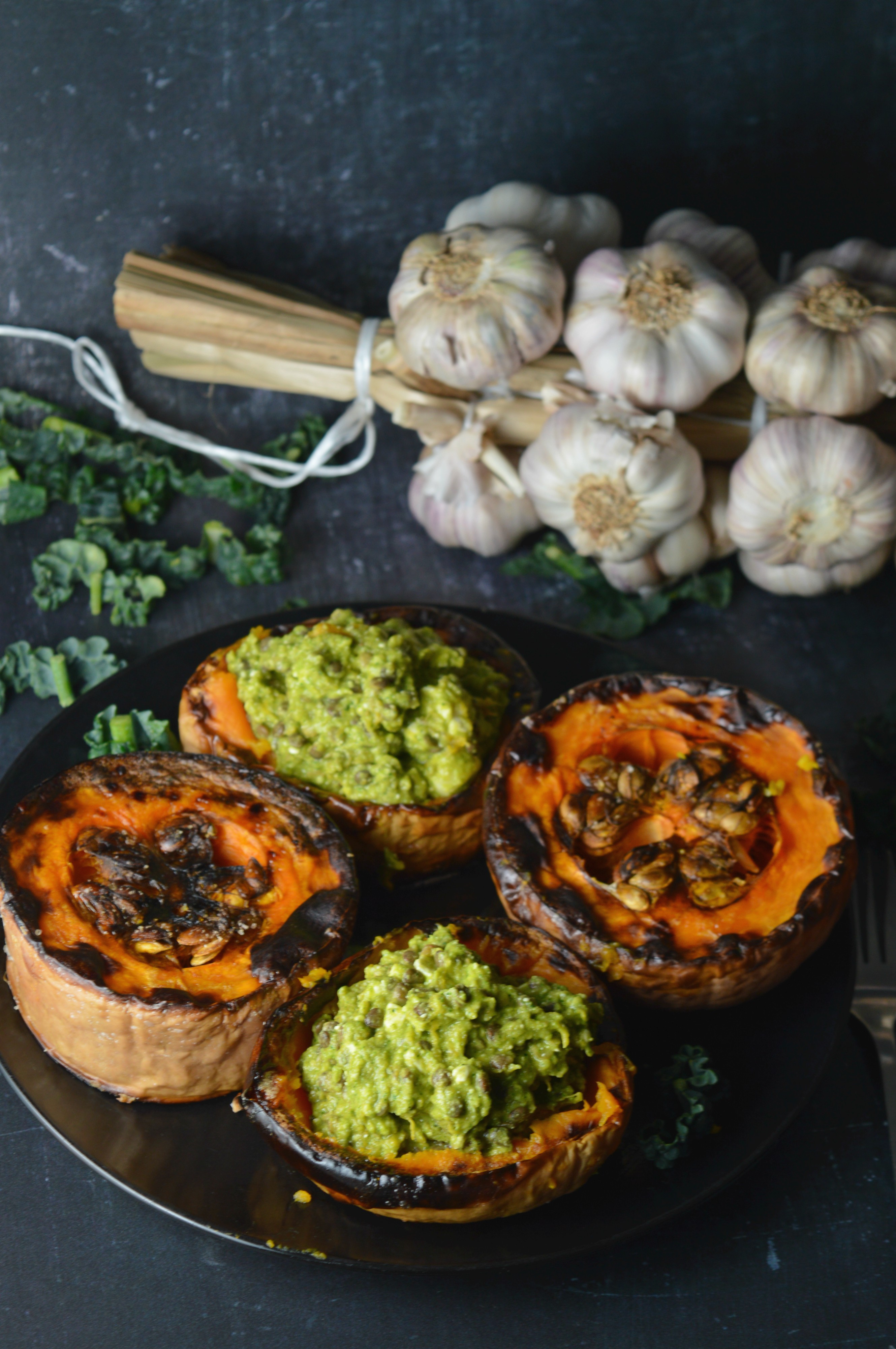 Roasted Squash with Black Lentils, Feta & Cavolo Nero Pesto