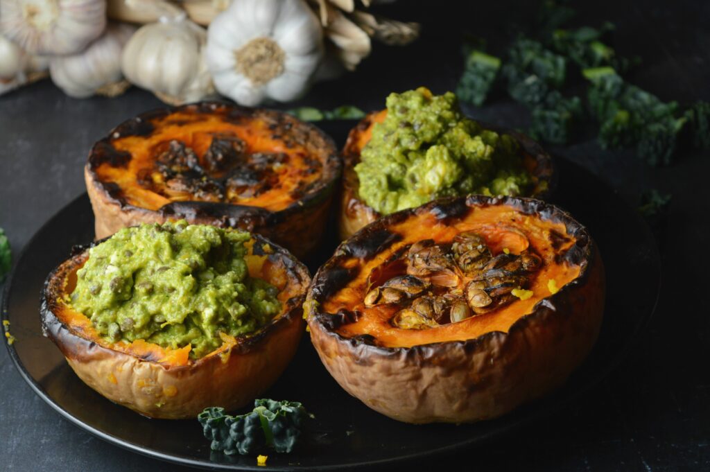 Roasted Squash with Black Lentils, Feta & Cavolo Nero Pesto