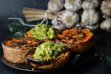 Roasted Squash with Black Lentils, Feta & Cavolo Nero Pesto