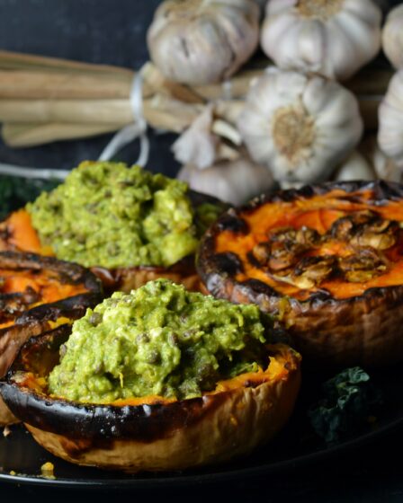 Roasted Squash with Black Lentils, Feta & Cavolo Nero Pesto