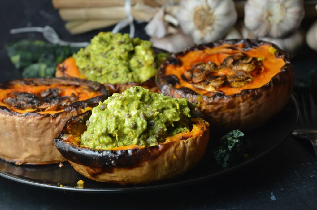 Roasted Squash with Black Lentils, Feta & Cavolo Nero Pesto