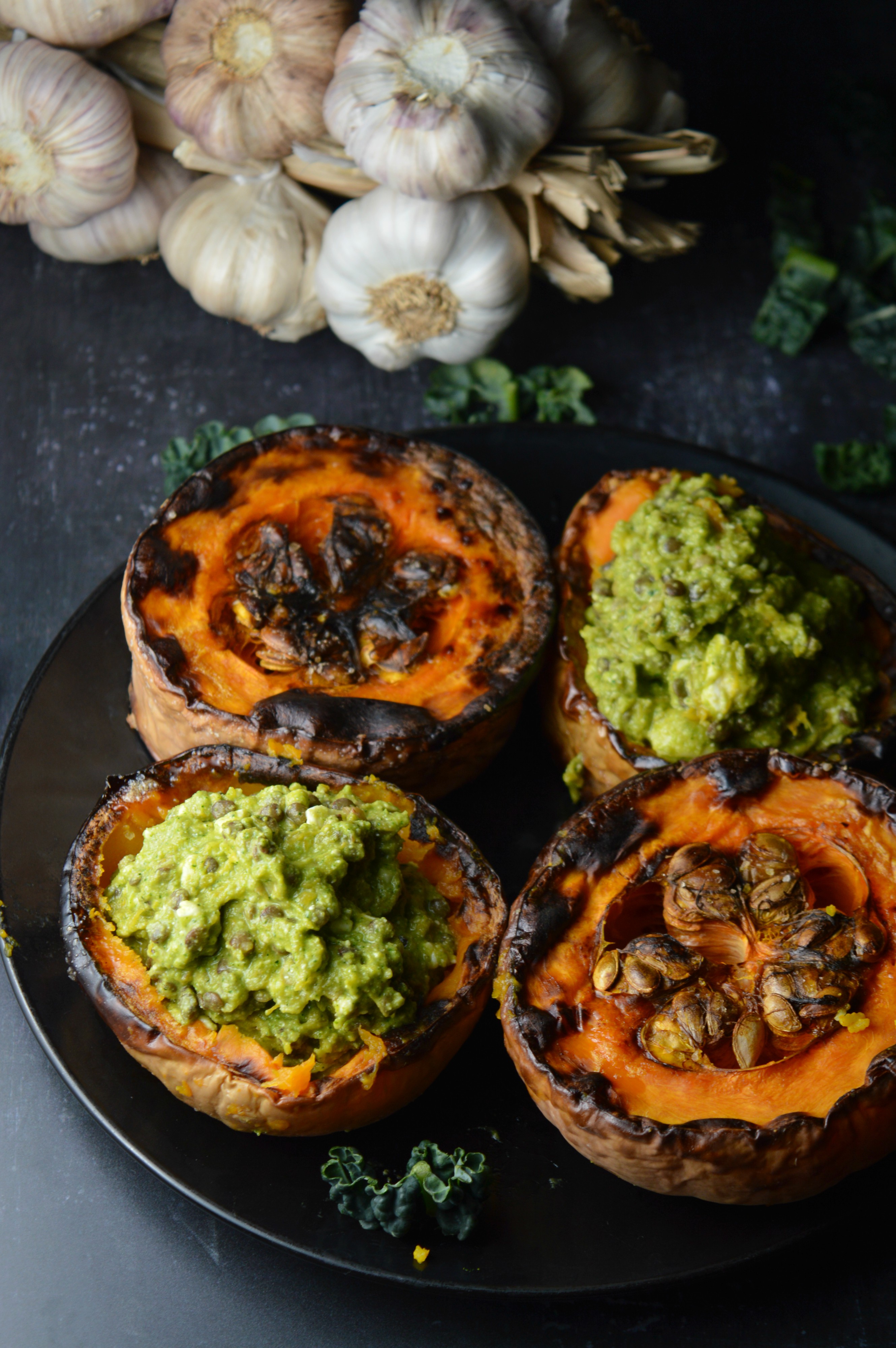 Roasted Squash with Black Lentils, Feta & Cavolo Nero Pesto