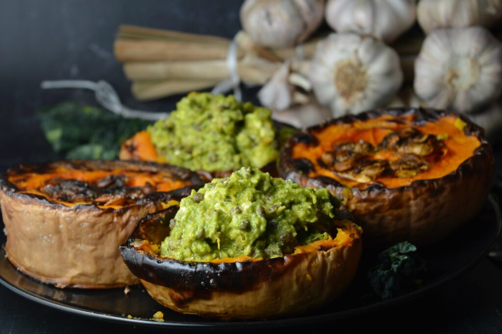 Roasted Squash with Black Lentils, Feta & Cavolo Nero Pesto