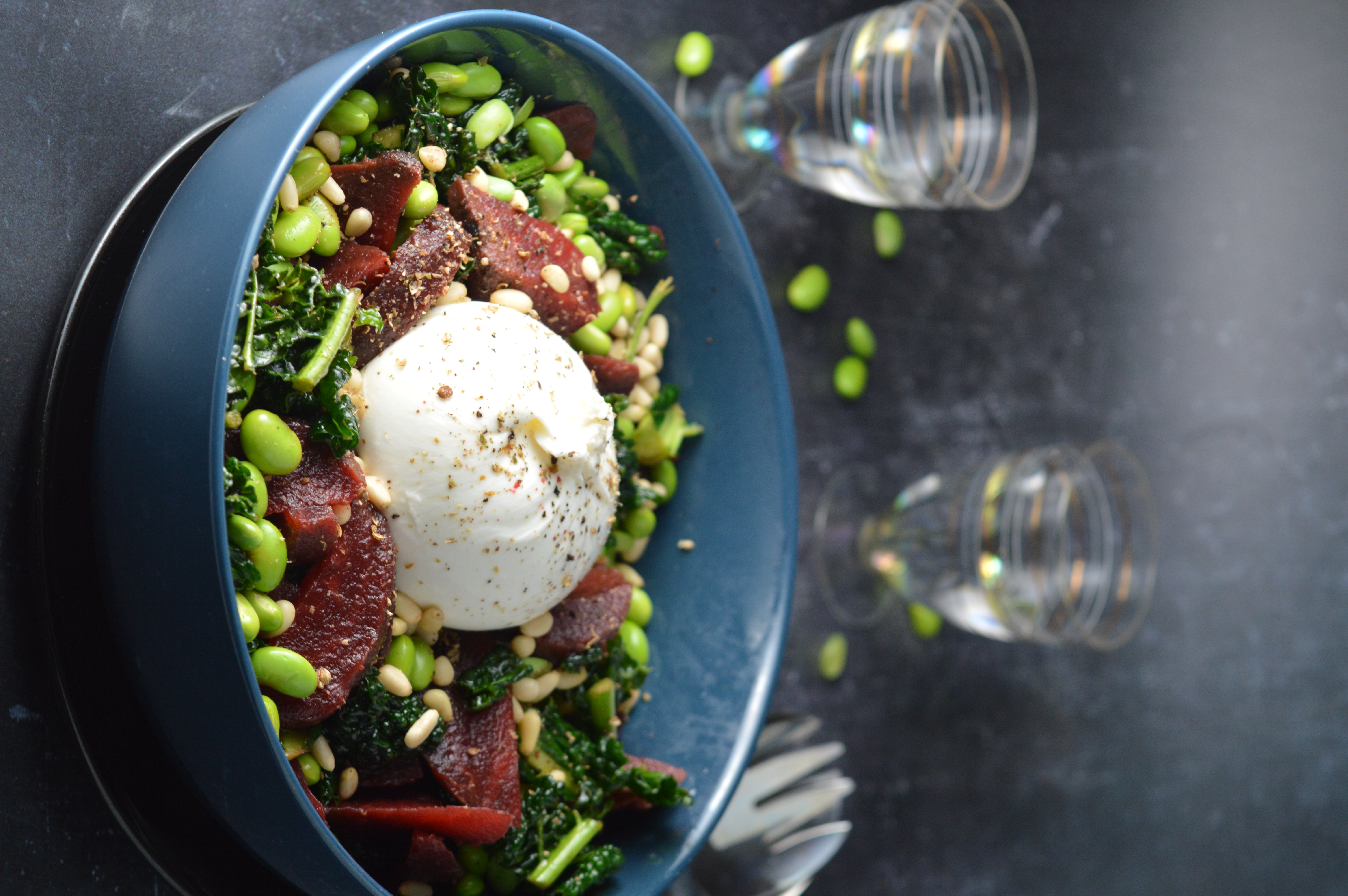 Burrata Salad with Beetroot, Cavolo Nero & Edamame Beans