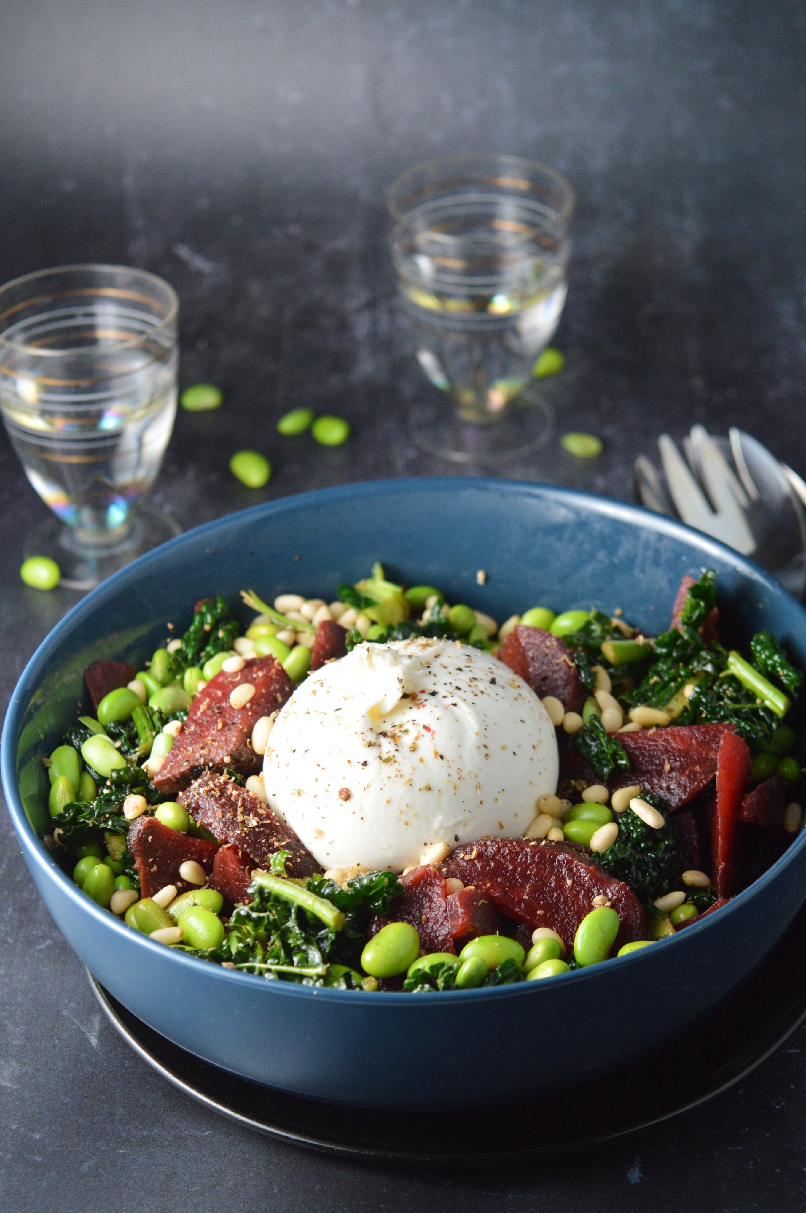 Burrata Salad with Beetroot, Cavolo Nero & Edamame Beans 
