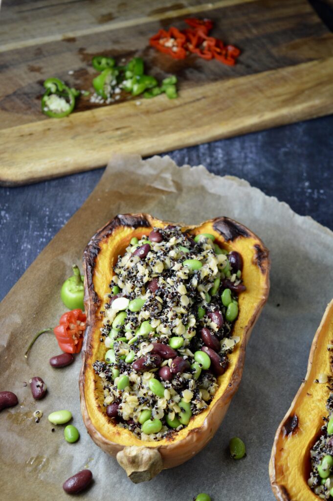Quinoa, Edamame & Red Lentils Stuffed Butternut Squash