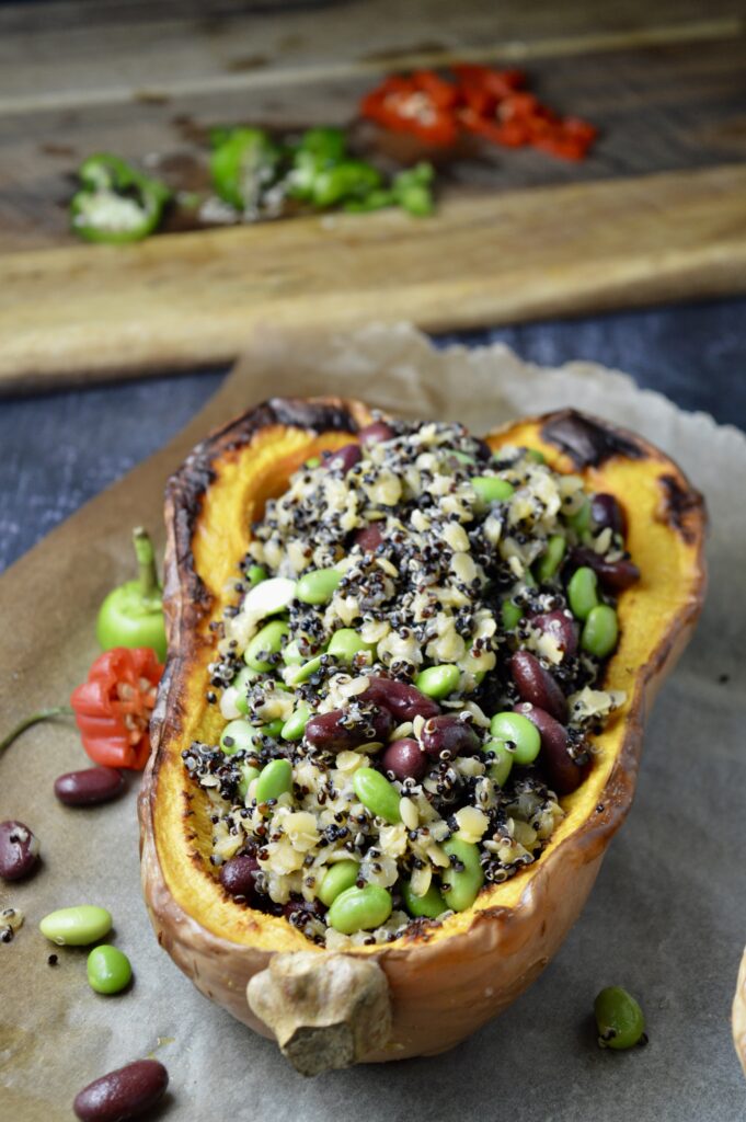 Quinoa, Edamame & Red Lentils Stuffed Butternut Squash