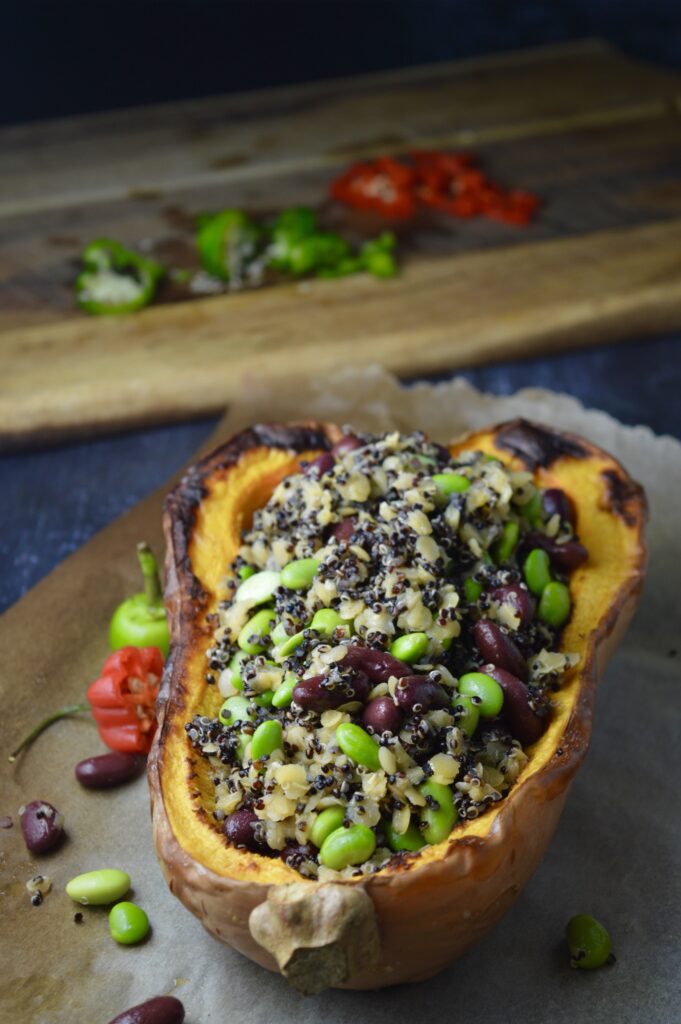 Quinoa, Edamame & Red Lentils Stuffed Butternut Squash