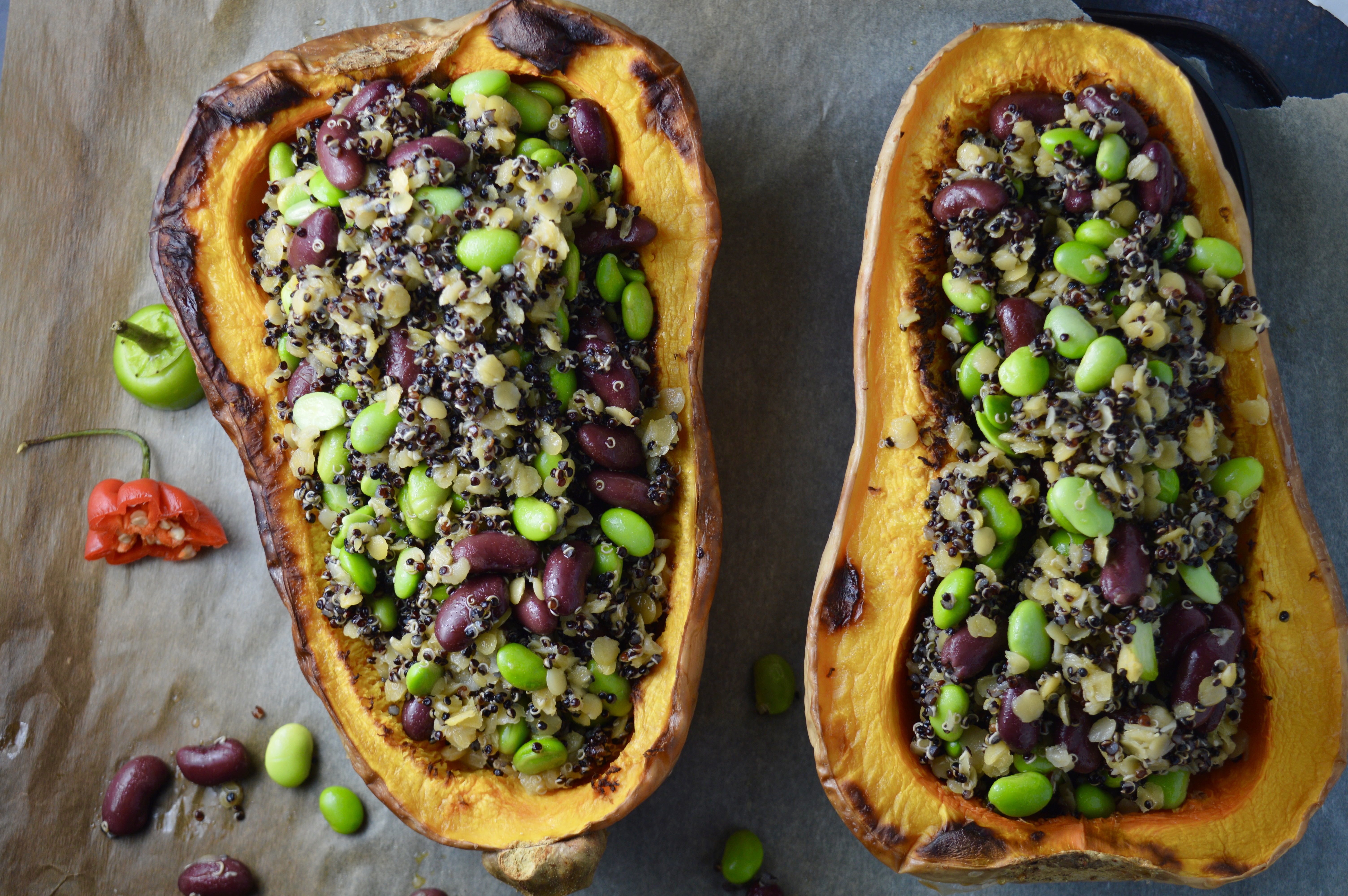Quinoa, Edamame & Red Lentils Stuffed Butternut Squash