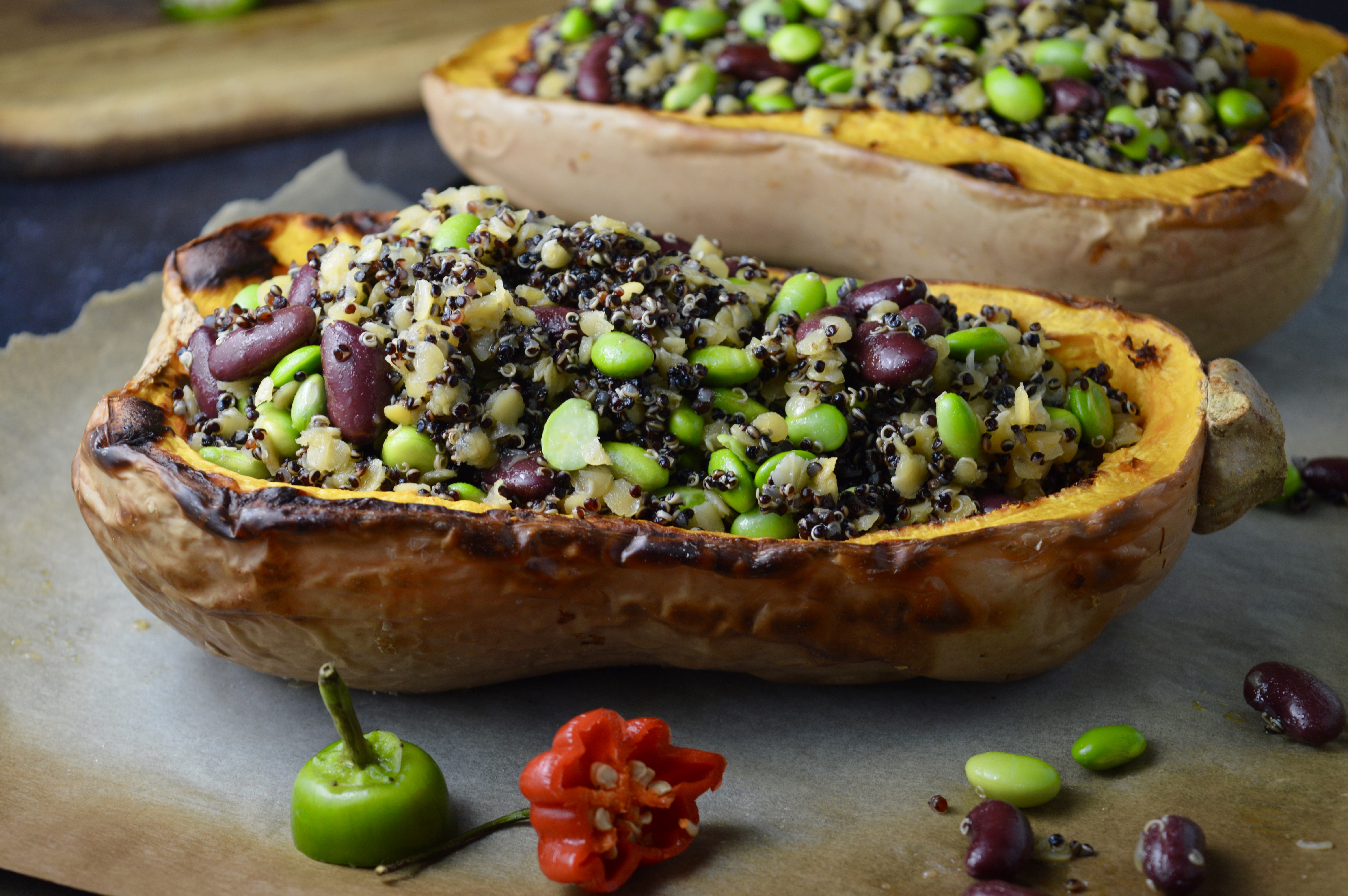 Quinoa, Edamame & Red Lentils Stuffed Butternut Squash