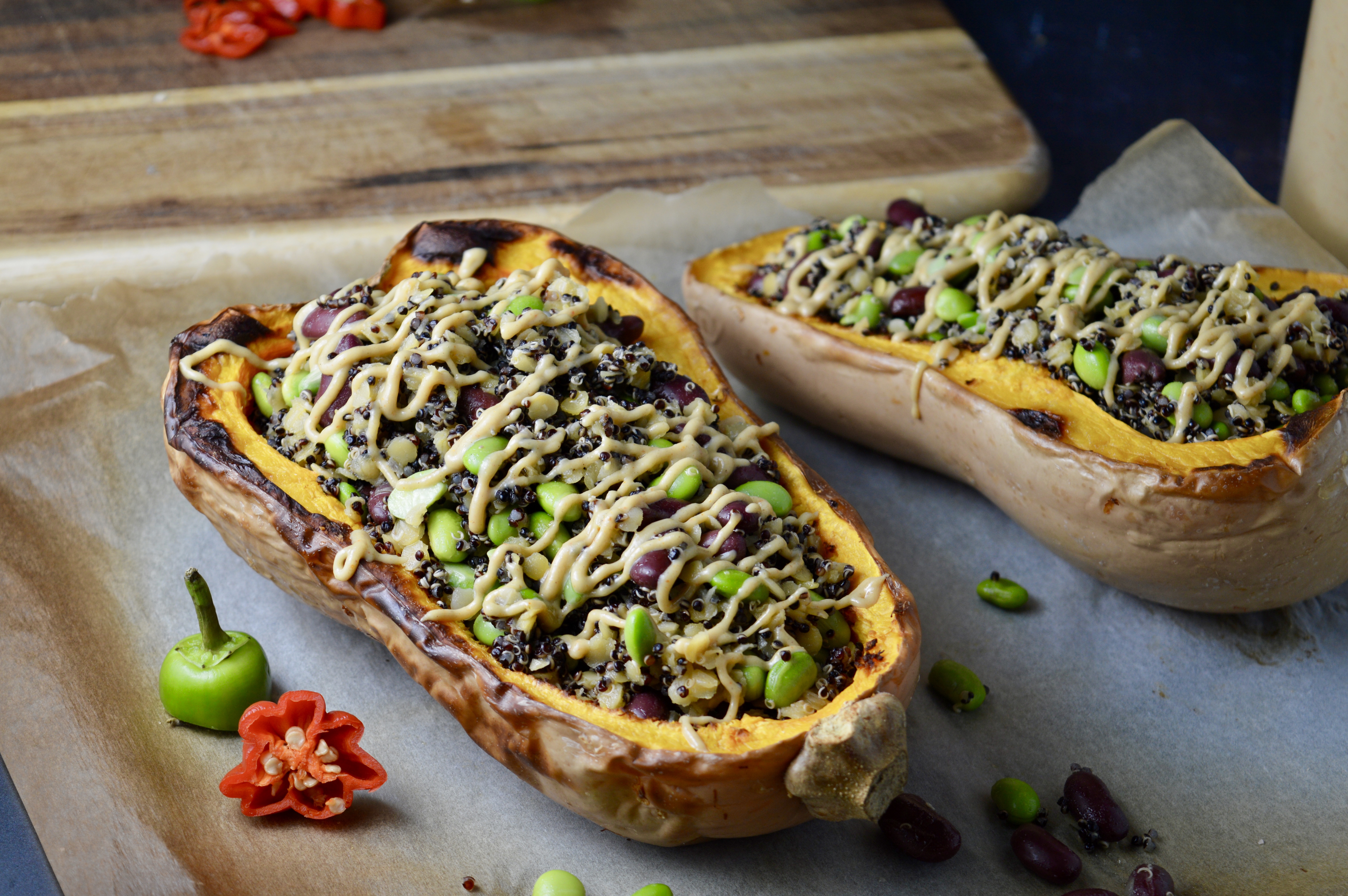 Quinoa, Edamame & Red Lentils Stuffed Butternut Squash