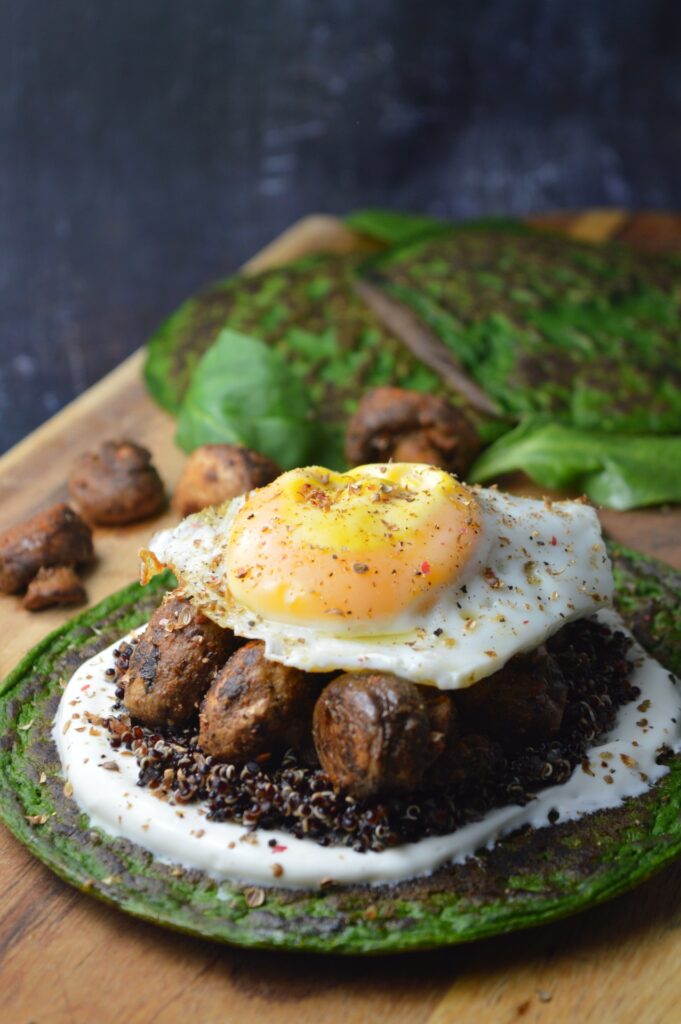 Spinach Pancakes with Quinoa, Harissa Mushrooms & Yogurt
