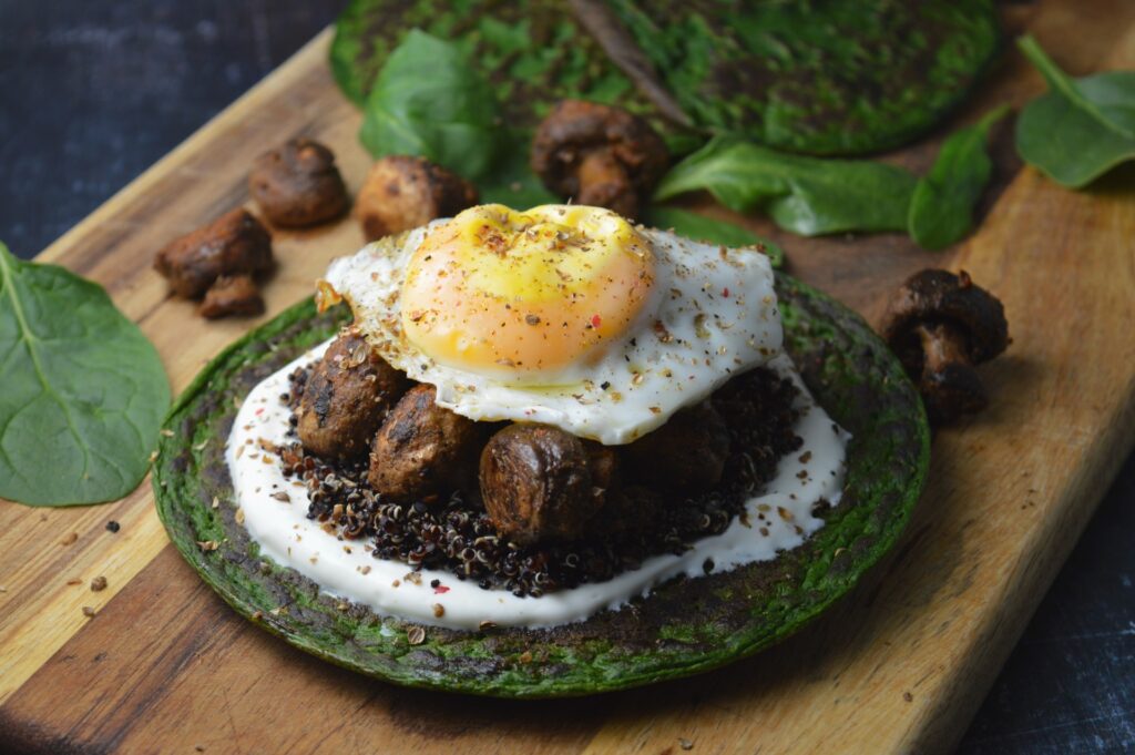 Spinach Pancakes with Quinoa, Harissa Mushrooms & Yogurt