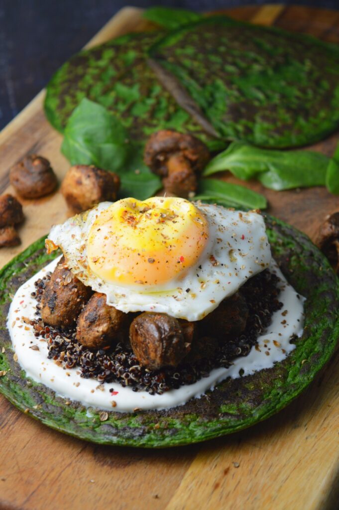 Spinach Pancakes with Quinoa, Harissa Mushrooms & Yogurt