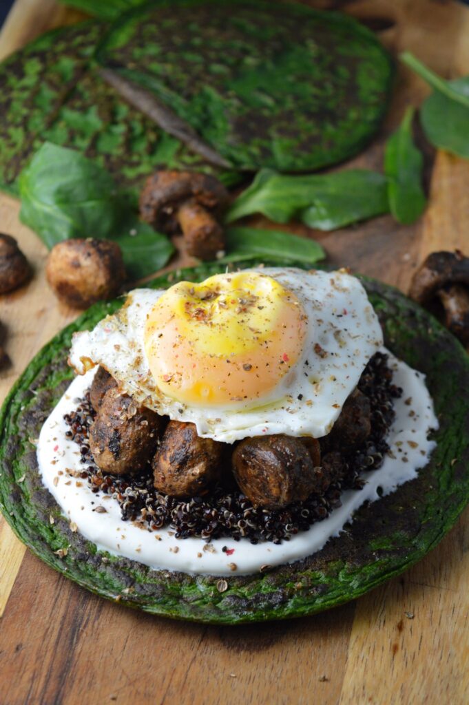 Spinach Pancakes with Quinoa, Harissa Mushrooms & Yogurt