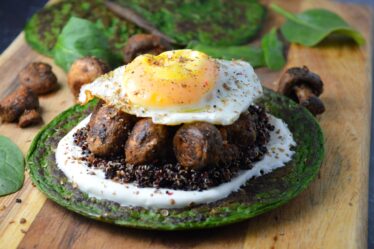 Spinach Pancakes with Quinoa, Harissa Mushrooms & Yogurt