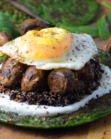 Spinach Pancakes with Quinoa, Harissa Mushrooms & Yogurt