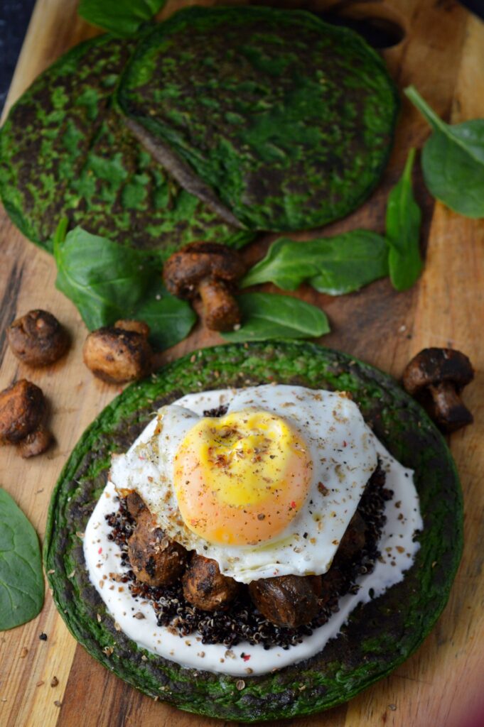 Spinach Pancakes with Quinoa, Harissa Mushrooms & Yogurt