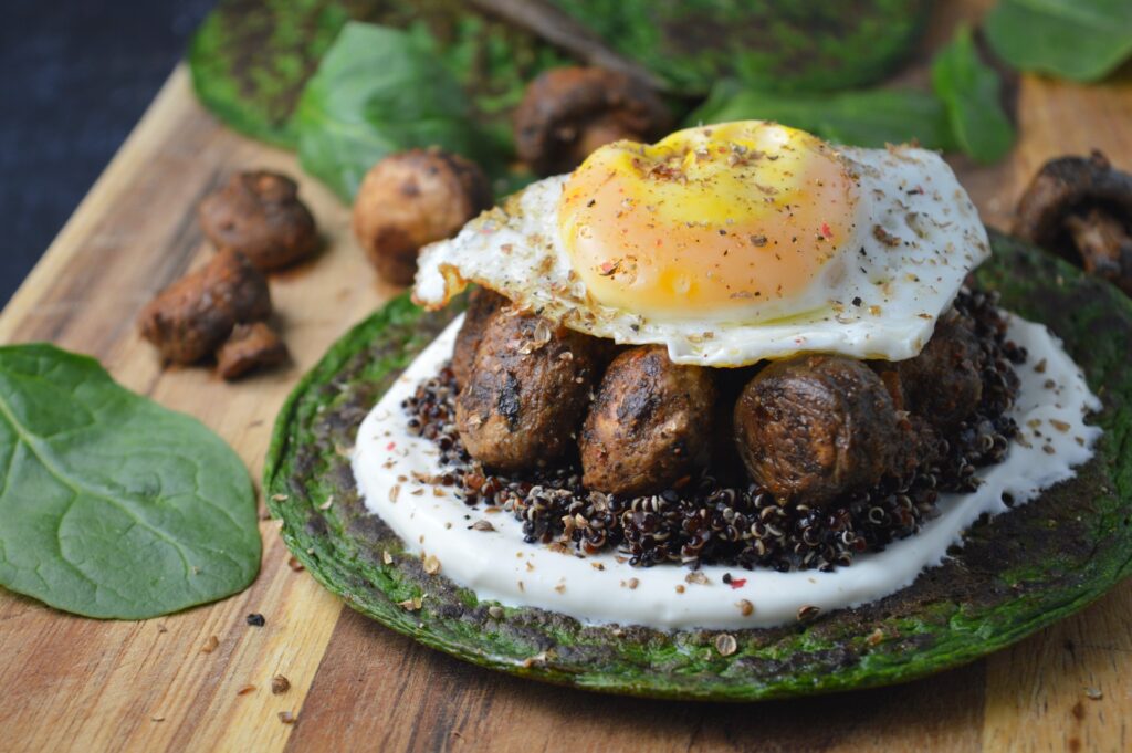 Spinach Pancakes with Quinoa, Harissa Mushrooms & Yogurt