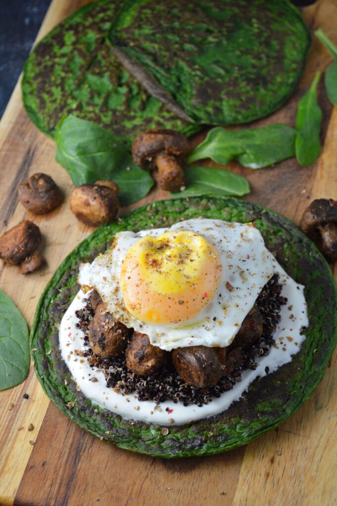 Spinach Pancakes with Quinoa, Harissa Mushrooms & Yogurt