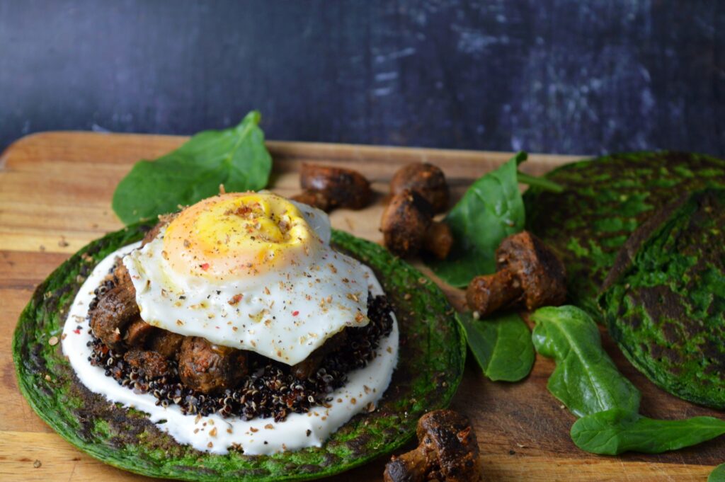 Spinach Pancakes with Quinoa, Harissa Mushrooms & Yogurt