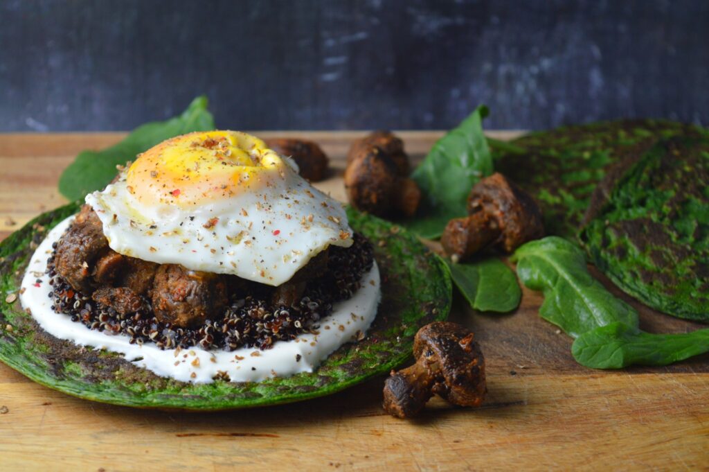 Spinach Pancakes with Quinoa, Harissa Mushrooms & Yogurt