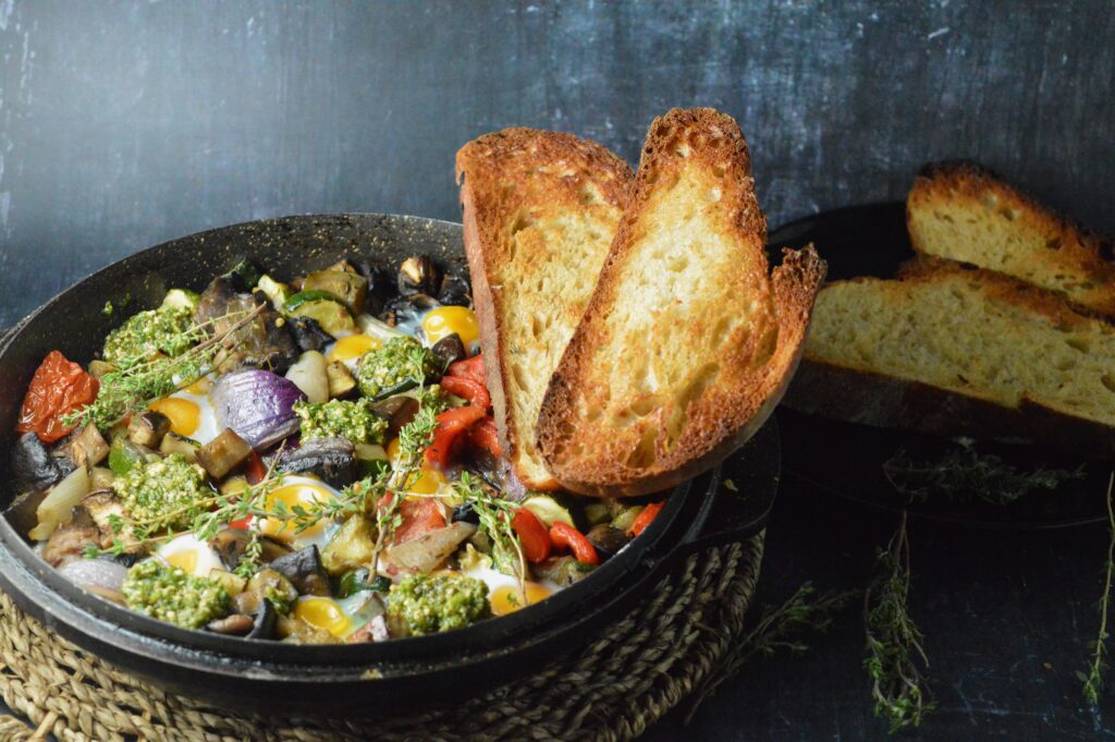 Quail Egg Shakshuka with Roasted Vegetables