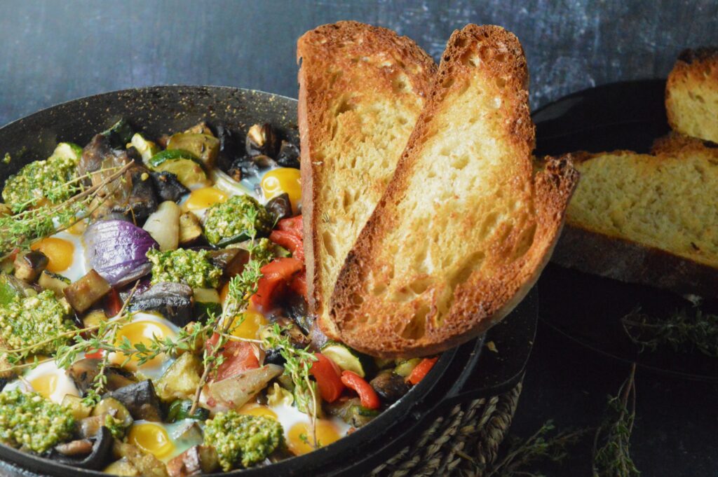 Quail Egg Shakshuka with Roasted Vegetables