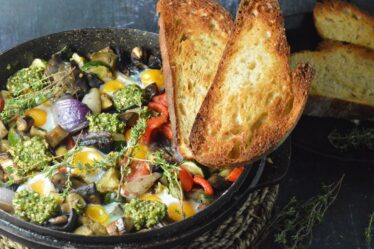 Quail Egg Shakshuka with Roasted Vegetables