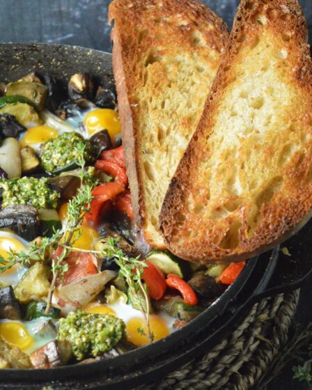 Quail Egg Shakshuka with Roasted Vegetables