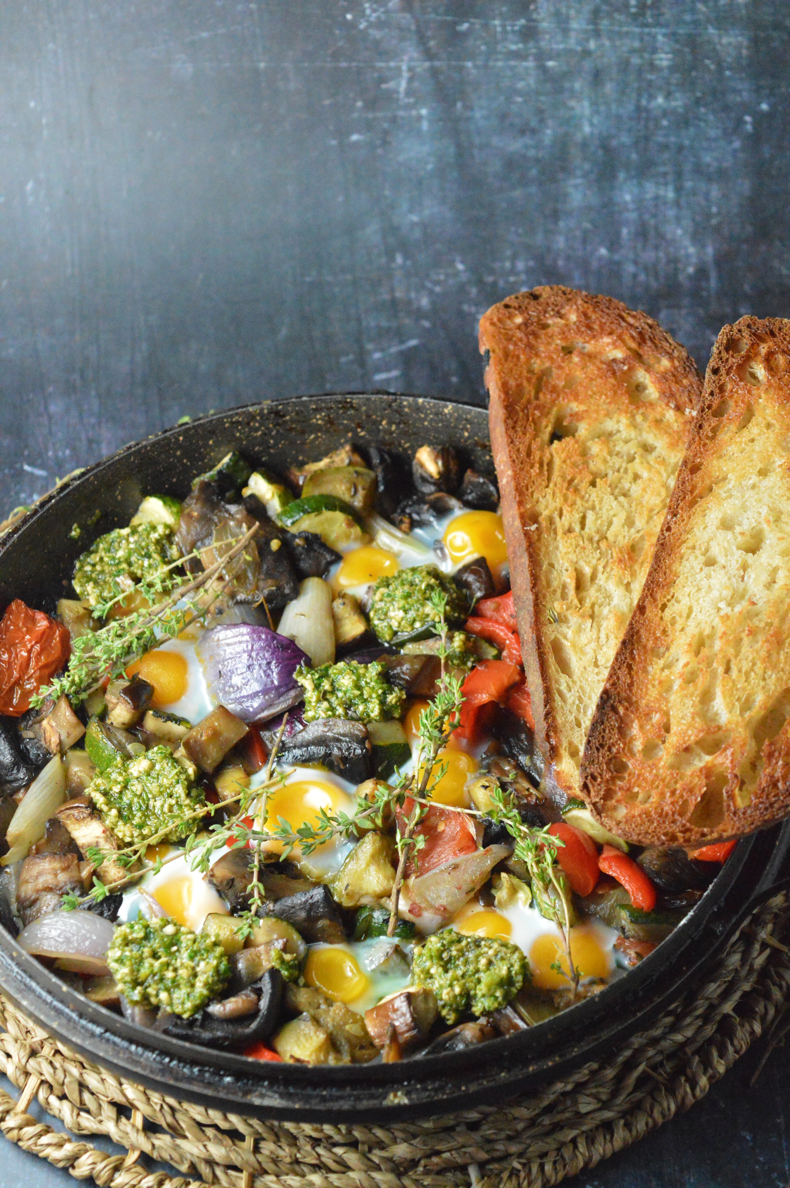 Quail Egg Shakshuka with Roasted Vegetables