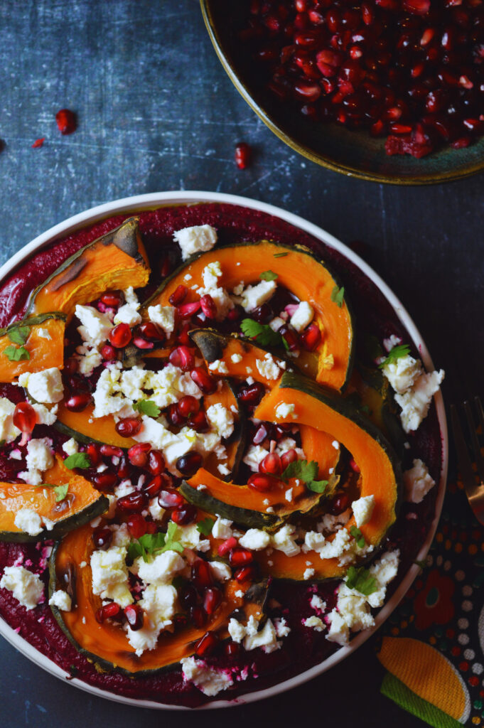 Roasted Delica Pumpkin & Beetroot Salad with Whipped Feta & Pomegranate Jewels