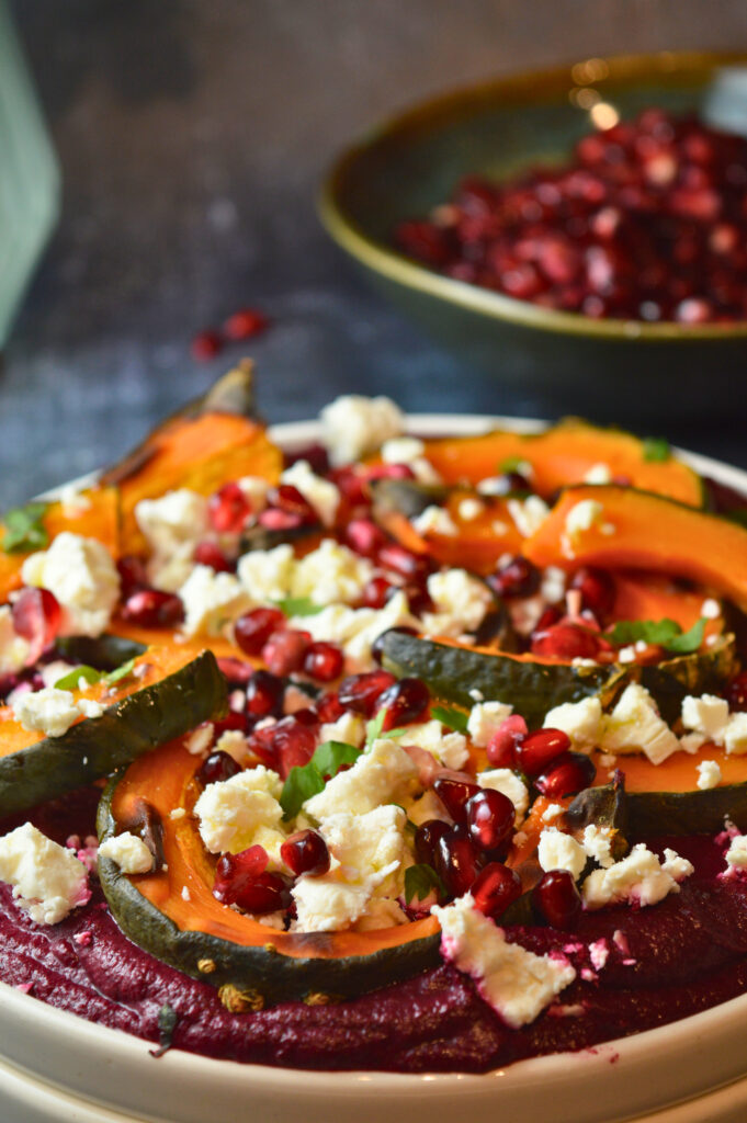 Roasted Delica Pumpkin & Beetroot Salad with Feta Crumbs & Pomegranate Jewels