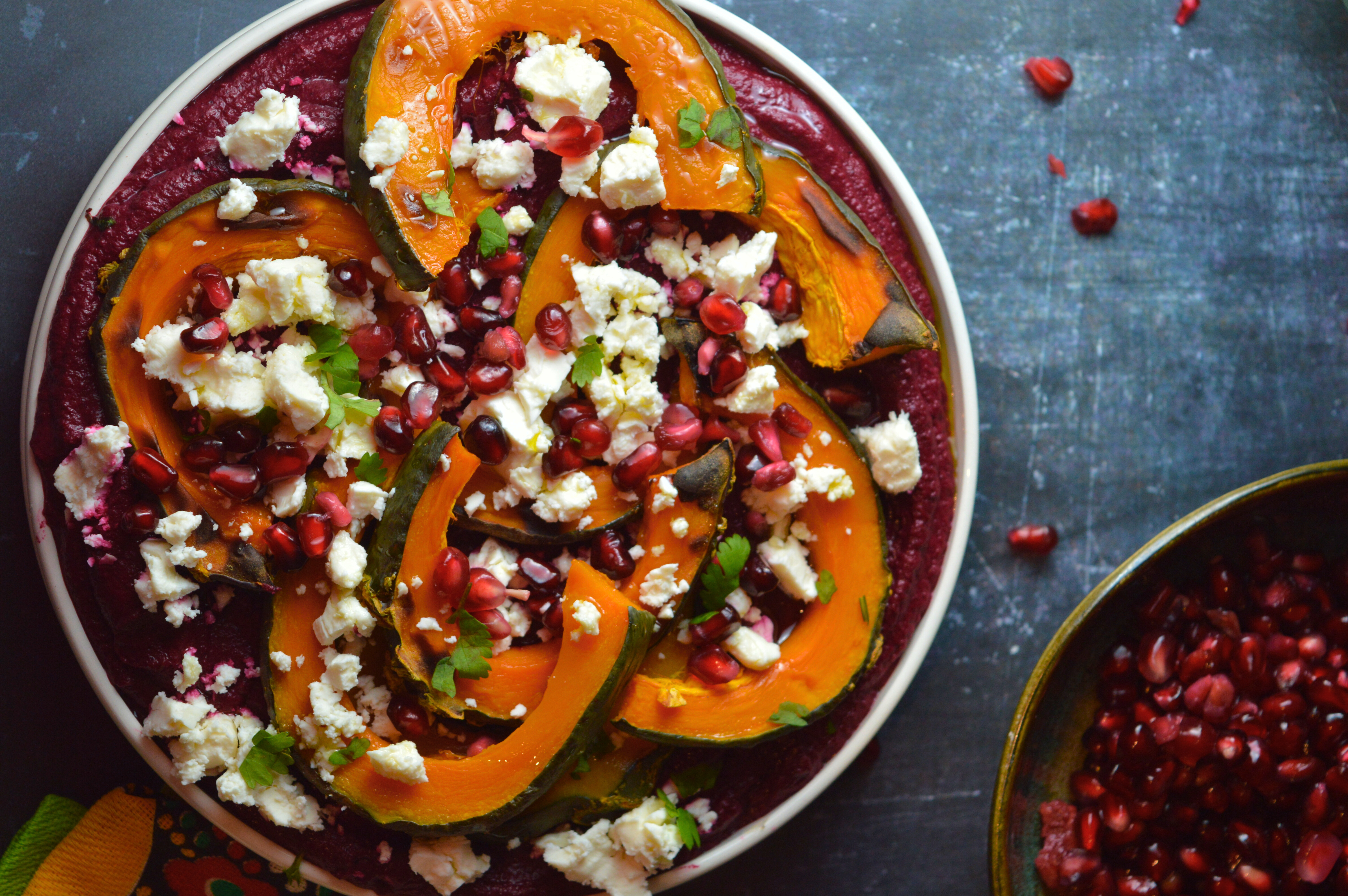 Roasted Delica Pumpkin & Beetroot Salad with Whipped Feta & Pomegranate Jewels
