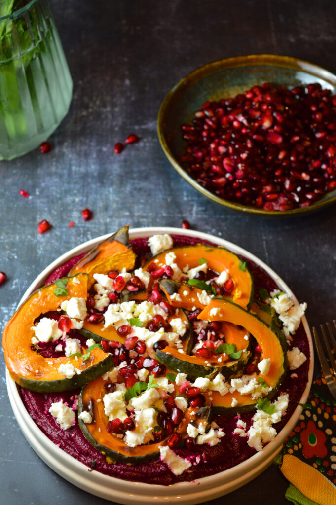 Roasted Delica Pumpkin & Beetroot Salad with Feta Crumbs & Pomegranate Jewels